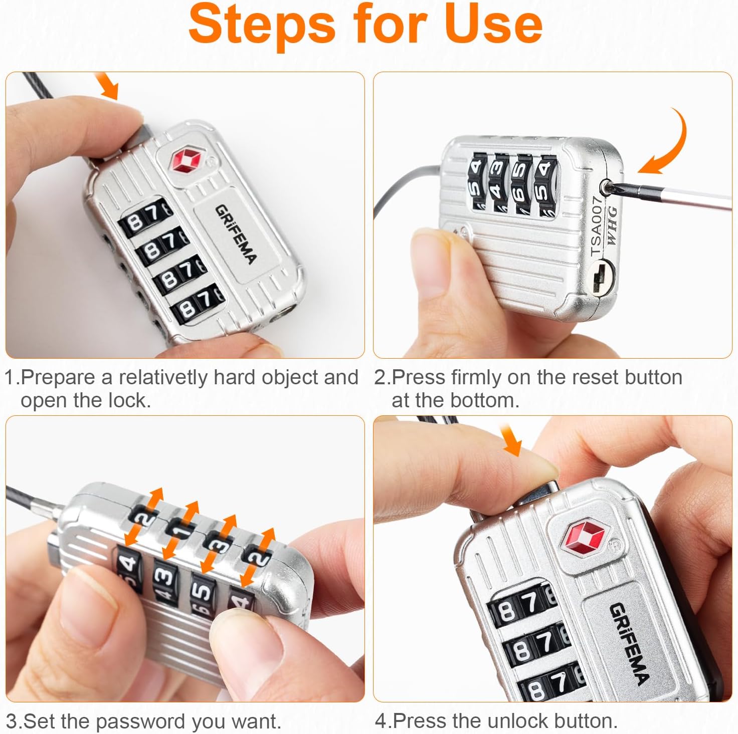 GRIFEMA GA1008W TSA Approved 4-Digit Combination Luggage Lock, Secure Travel Lock with Steel Cable for Suitcases, Backpacks, Gym Lockers - White