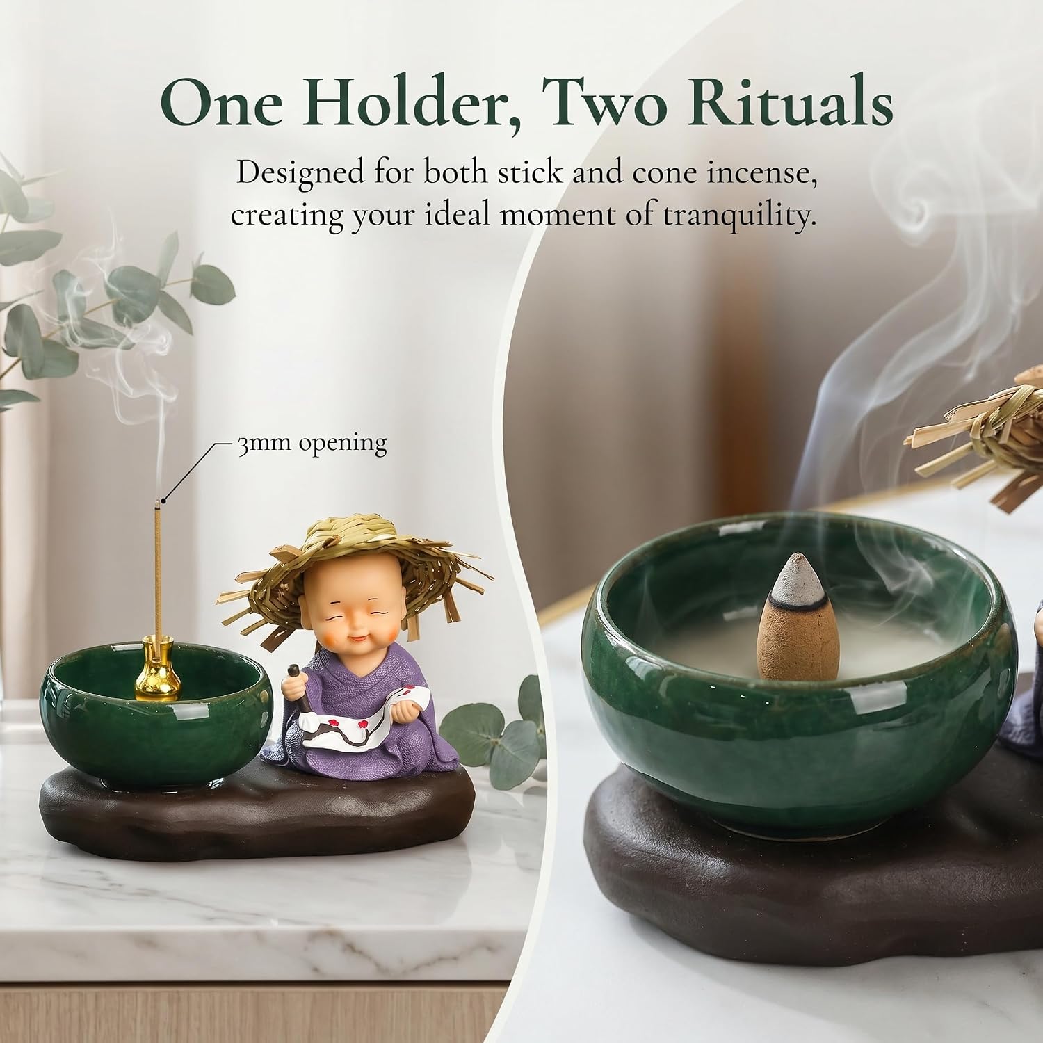 Little Monk Incense Burner, Zen-Style Ceramic Resin Incense Holder for Sticks and Cones, Meditation Decor Ornament, Suitable for Home/Office/Yoga Studio, Mindfulness Gift. image 2