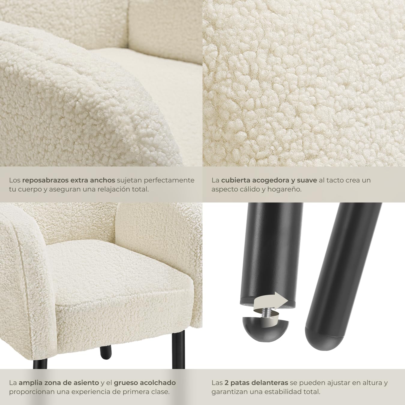 tectake® Sillón Orejero Tapizado en Bouclé, Butaca de Salón, Sillón de Lectura Acolchado, Silla Diseño Escandinavo con Reposabrazos, Estructura en Acero y Topes Antideslizantes, Muebles de Salón
