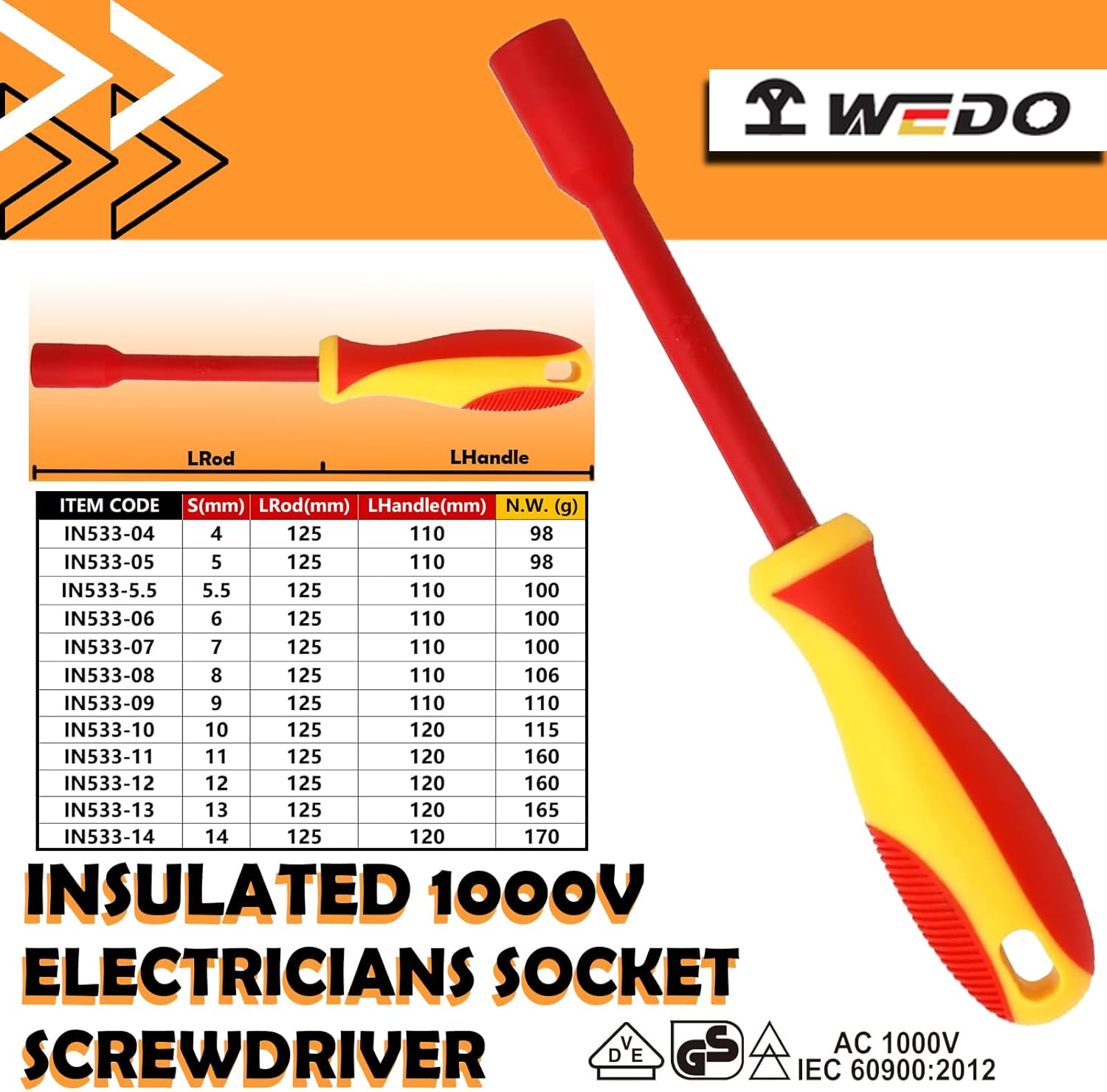 WEDO Insulated Socket Screwdriver,Electricians Screwdriver,Insulated Nut driver,Size 11mm,VDE 1000V,CR-V Steel,Anti-Slip Handles,IEC 60900