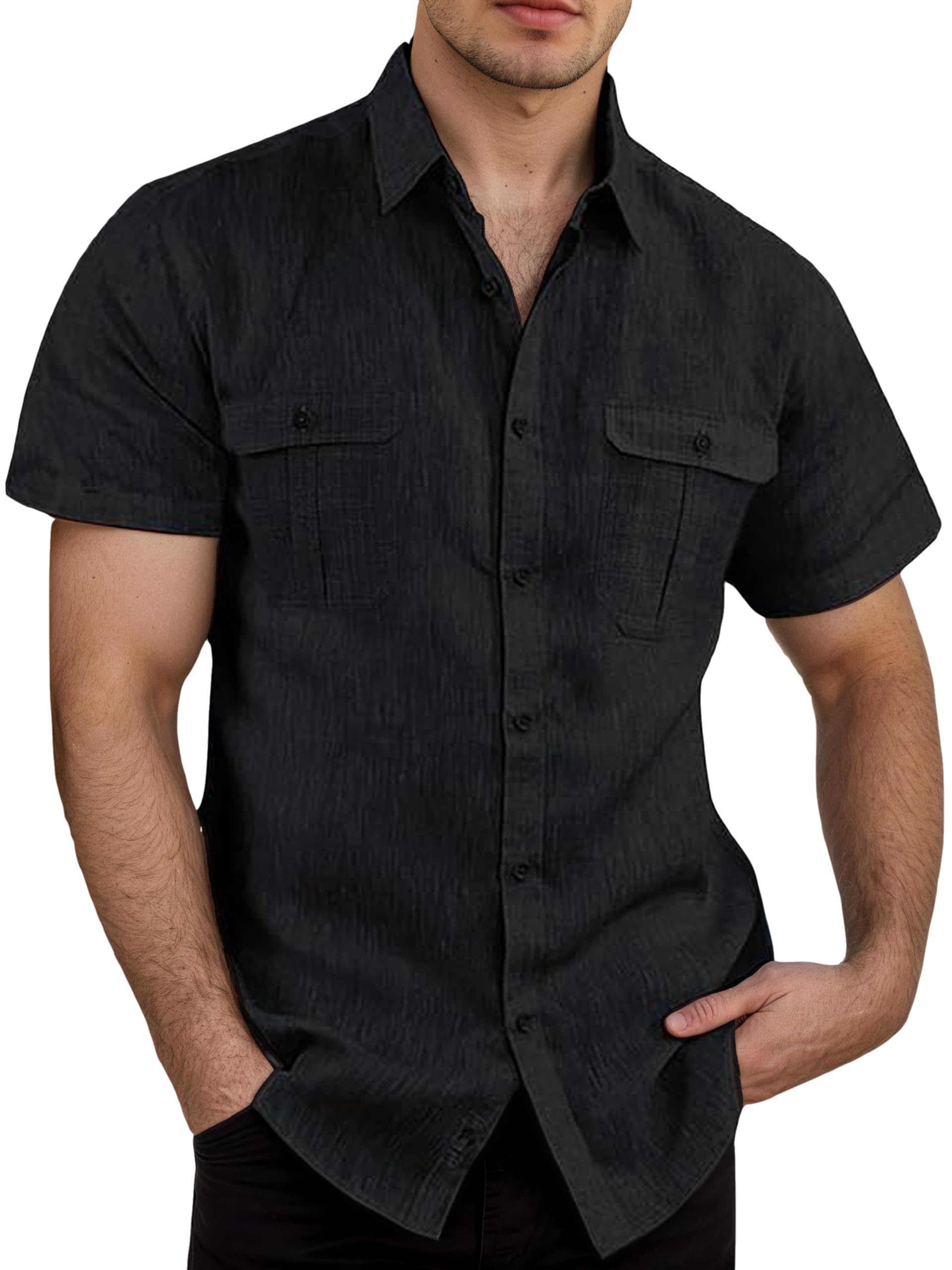 Aoouekul Hemd Herren Kurzarm Leinenhemd Sommerhemd Leinen Hemden für Herren Leinenshirt Casual Strandhemd mit Tasche