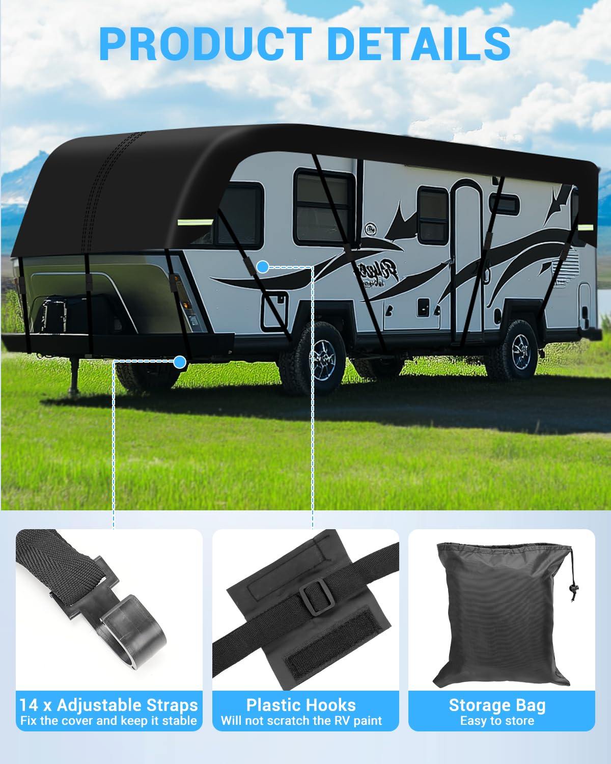 SUPAREE Telo Copri Camper impermeabile Telo Copertura Tetto Camper 210D Impermeabile Protezione UV con Strisce Riflettenti Nero (5.5 x 3m)
