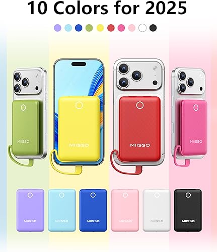 Miniatura 8 de miisso Mini cargador portátil de 10000 mAh con cable integrado, tamaño bolsillo, batería externa de viaje para teléfono, 3 salidas USB tipo C,