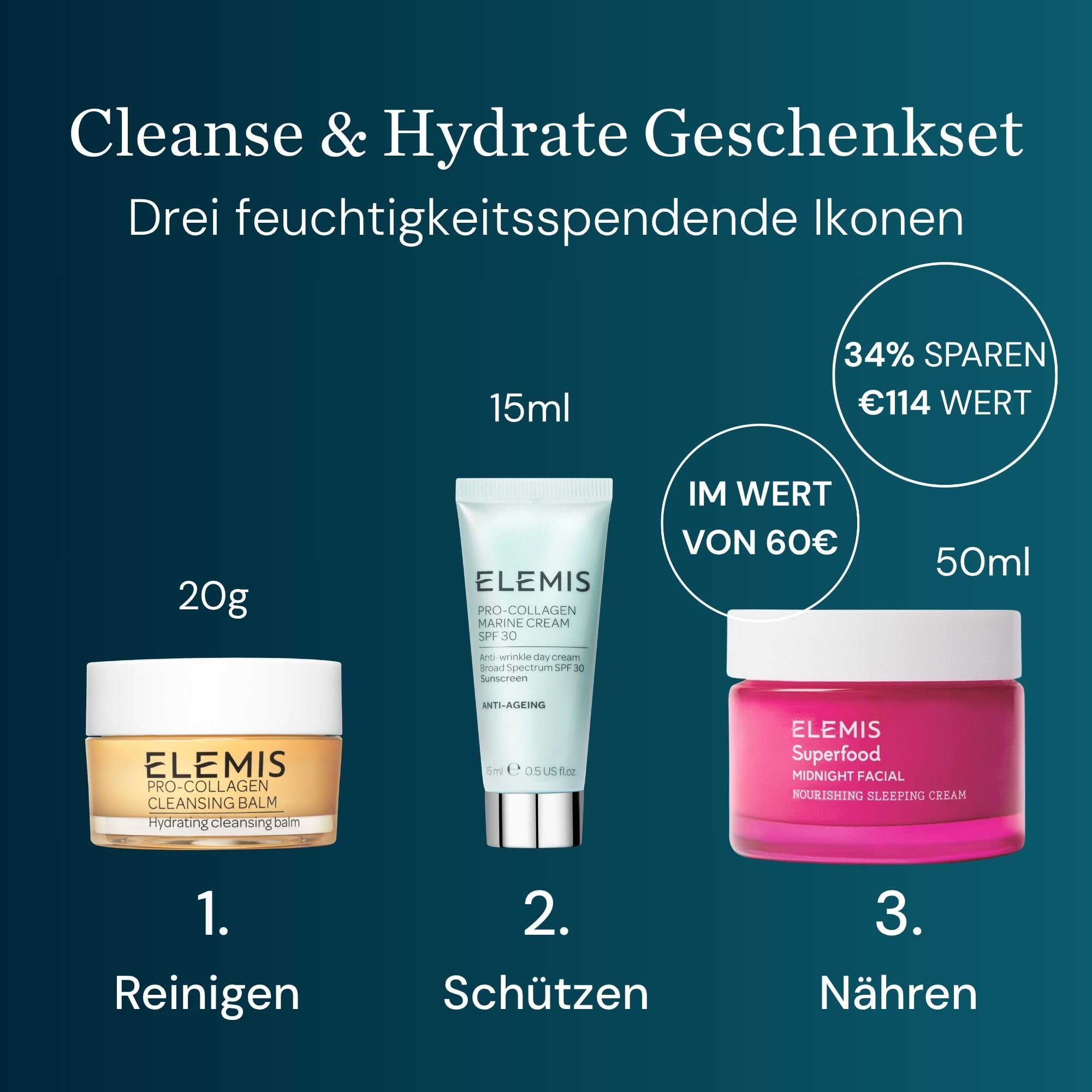 ELEMIS Cleanse & Hydrate Skincare Ritual Geschenkset Frauen, Hautpflege Set Wellness Geschenke - Cleansing Balm Gesichtsreinigung, Anti-Falten Kollagen Gesichtscreme & Vitamin C Nachtcreme