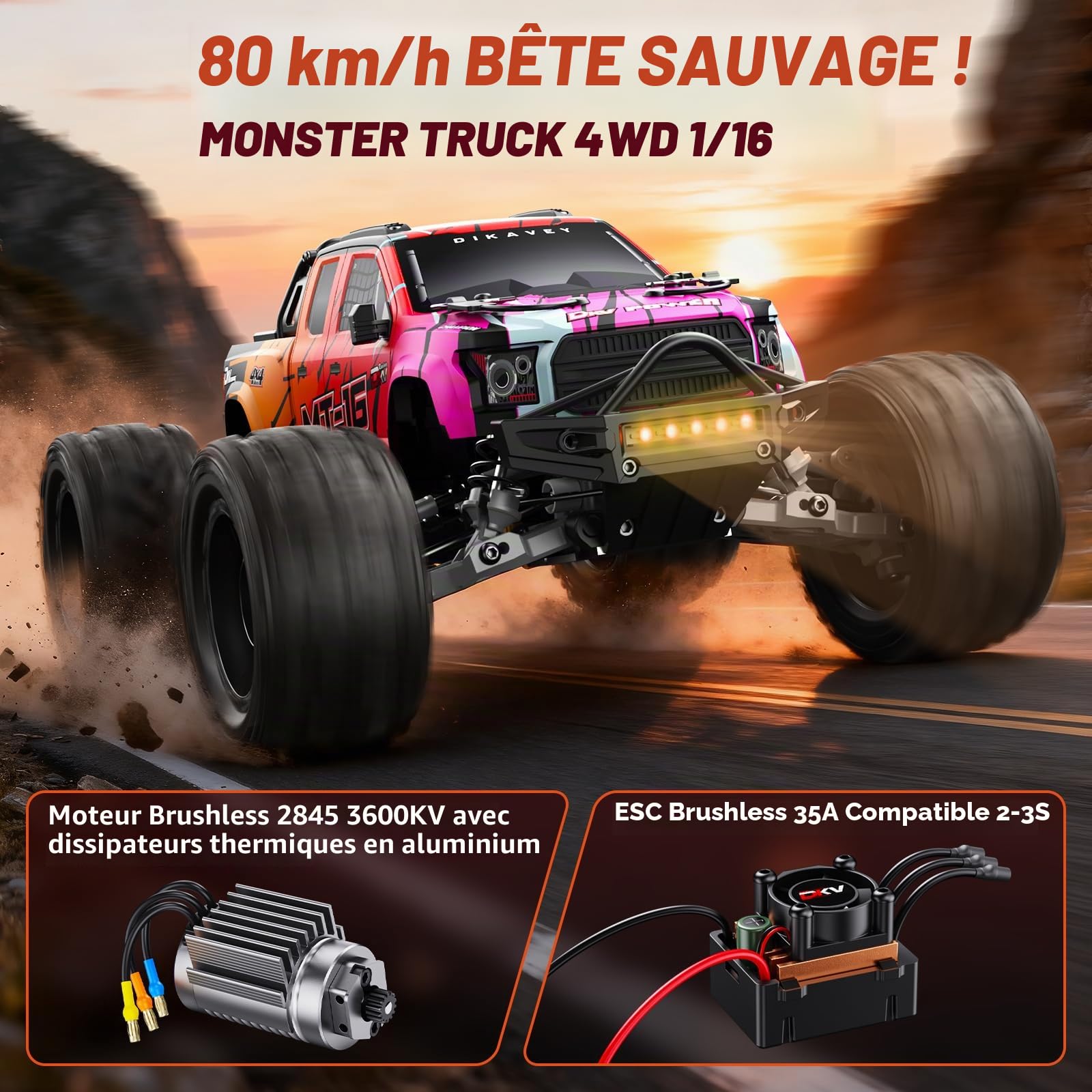 Camion TéLéCommandé 4x4 Brushless 1/16, Vitesse Maximale 80 Km/H, Tout-Terrain, Avec Batterie 3s,éTanche Et Haute Vitesse,IdéAl Pour Les Adultes Et Les Aventures Sur Neige Ou Sable - Rouge DéGradé
