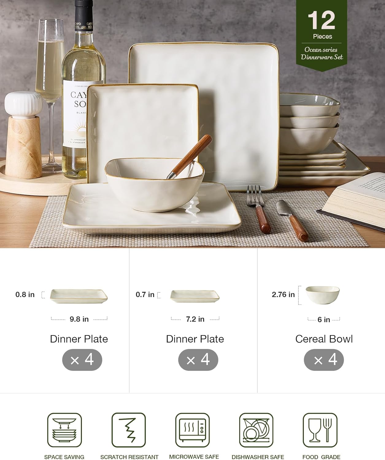 Famiware Dinnerware Sets for 4, Ocean Square 12-Piece Kitchen Plates and Bowls Sets, Microwave and Dishwasher Safe, Scratch Resistant, Vanilla White