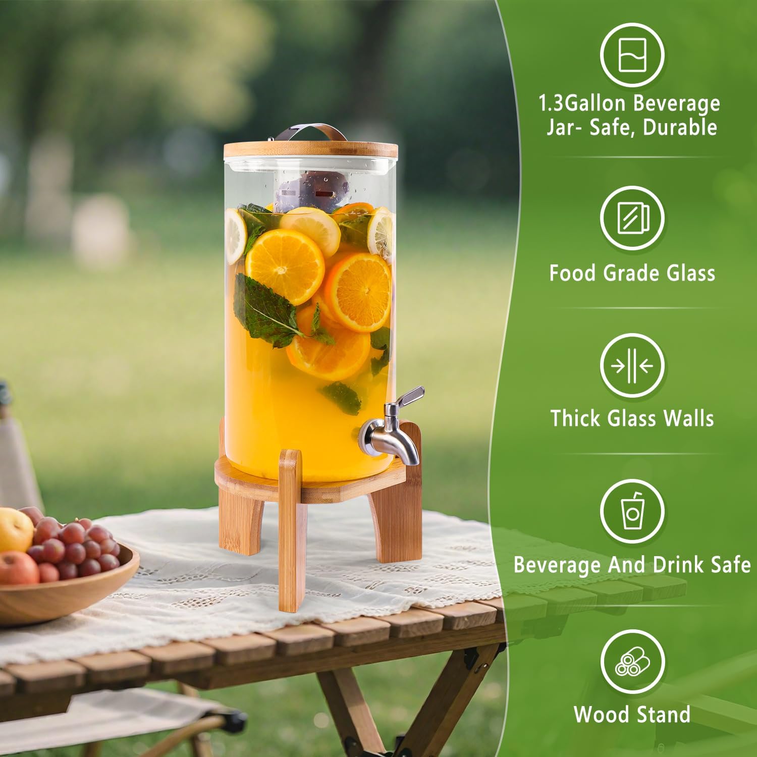 1.3 Gallon Drink Dispenser, Glass Beverage Dispenser with Wood Stand, Lemonade Dispenser with Airtight Valve and Stainless Steel Spigot Fruit Infuser, Thick Drink Dispenser for Parties Restaurants - Image 2