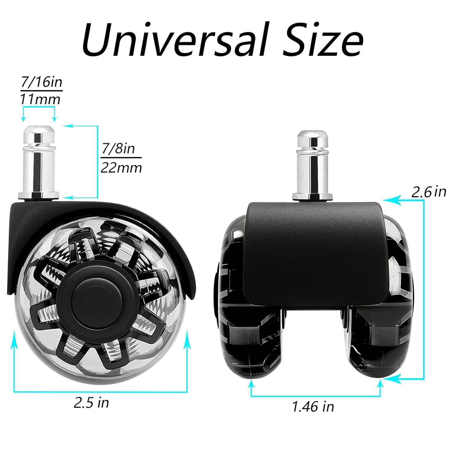 Office Chair Caster Wheels Set of 5,2.5 inch Heavy-Duty Rollers Chair Wheels,Universal Size 11x22mm,Rubber Mute Chair casters for Hardwood Floors Carpet and Mats.