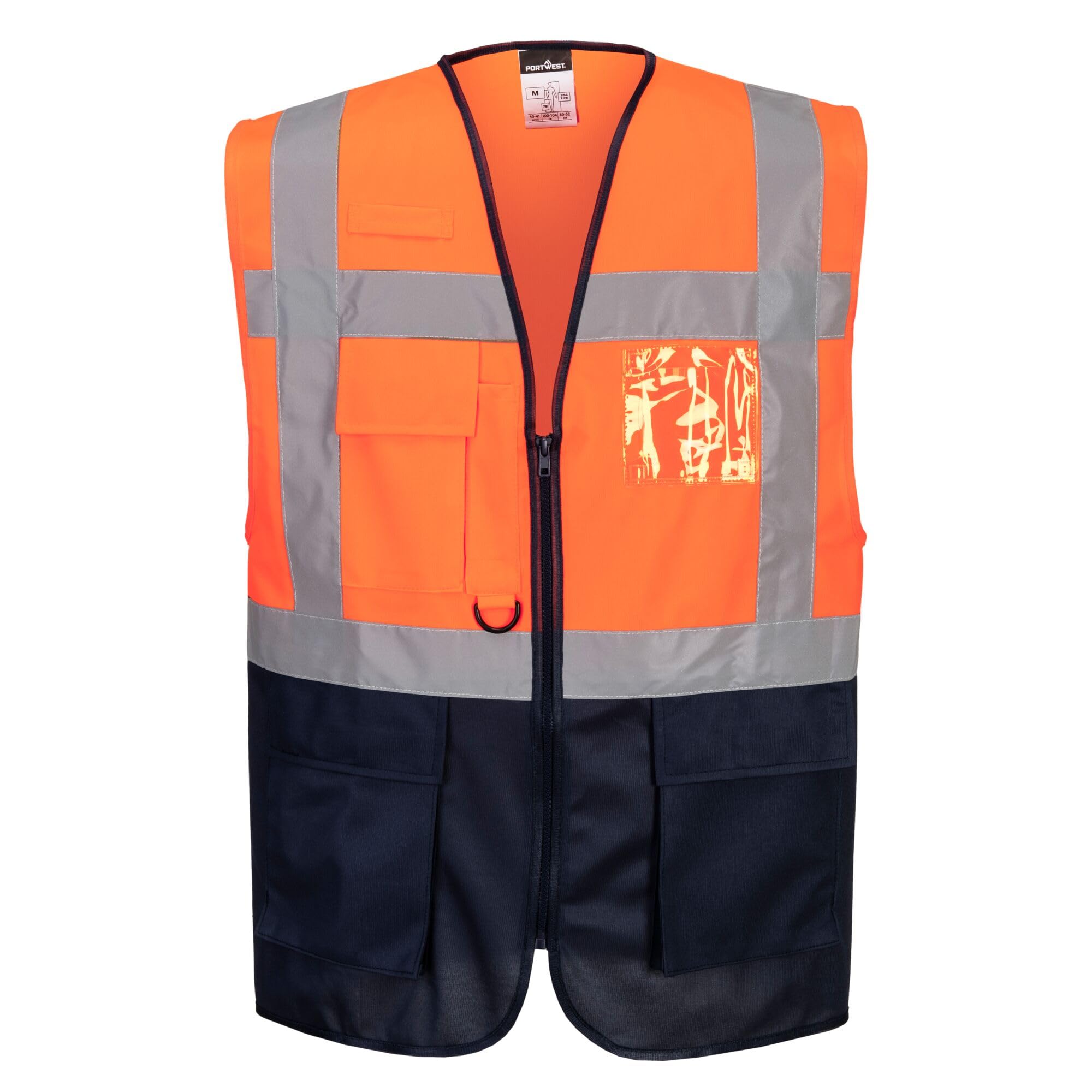 Portwest C476 Warsaw Executive Hi Vis Vest with Pockets and Zip Mens Reflective Safety Gilet Hivisible Workwear Polyester Construction Roadwork Warehouse Site Highways, Orange/Navy, S