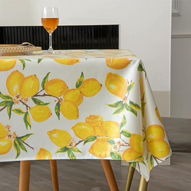 Lemons Table Cloth, PUDSIRN Spring and Summer Tablecloth Yellow Table Cover, Polyester Fabric Waterproof Stain-Resistant Table Cloth, for Kitchen Party Picnic Indoor Outdoor Use (140 x 200 cm)