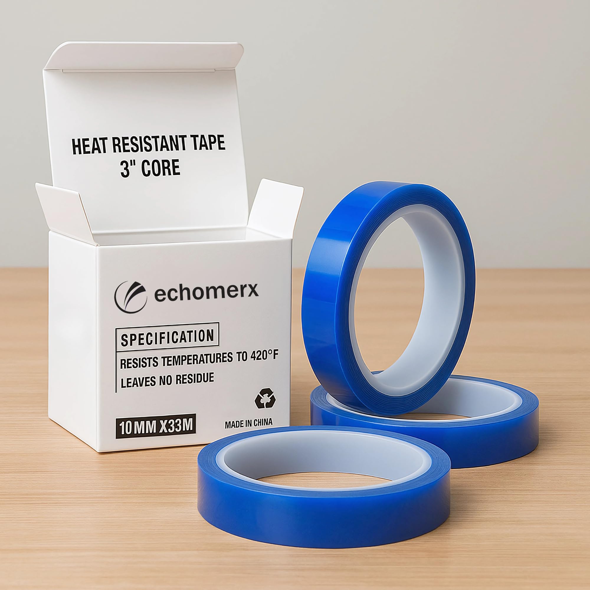 echomerx Cinta azul resistente al calor de 10 mm x 33 m, núcleo de 3 pulgadas, cinta de transferencia de calor sin residuos para sublimación y manualidades, ideal para prensa de calor, paquete de 3