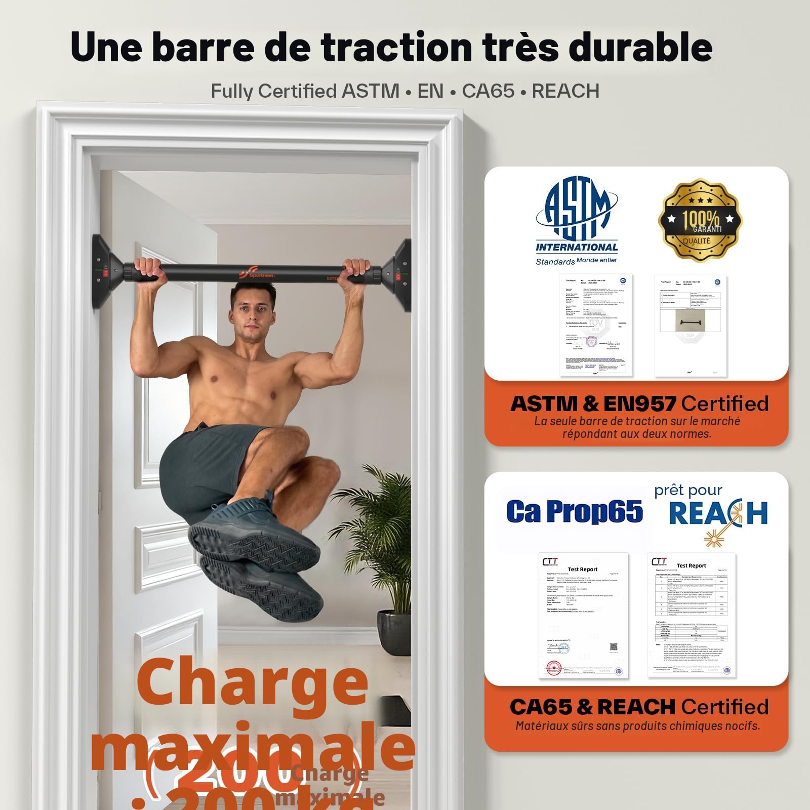 Sportneer Barre de Traction pour Porte sans vis - Barre de Traction réglable de 75 à 94 cm - Jusqu'à 200 kg