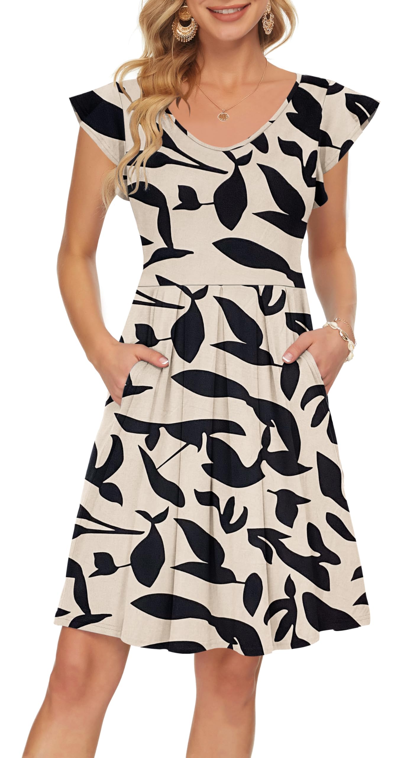 PLOKNRD Sommerkleid Damen V-Ausschnitt Midi Kleider mit Taschen Knielang Blütenblättern Kurzarm Freizeit Strandkleider