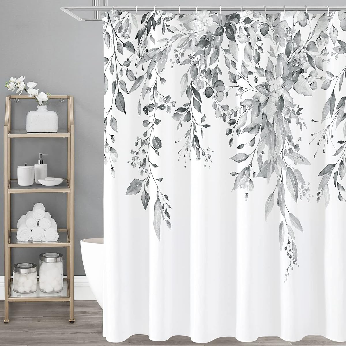 Gibelle Grey Eucalyptus Shower Curtain, Watercolor Floral Print, 72x72 | Watercolor Plant Leaves Floral Print, Waterproof Fabric Bathroom Decor, Machine Washable, Rustproof Grommets