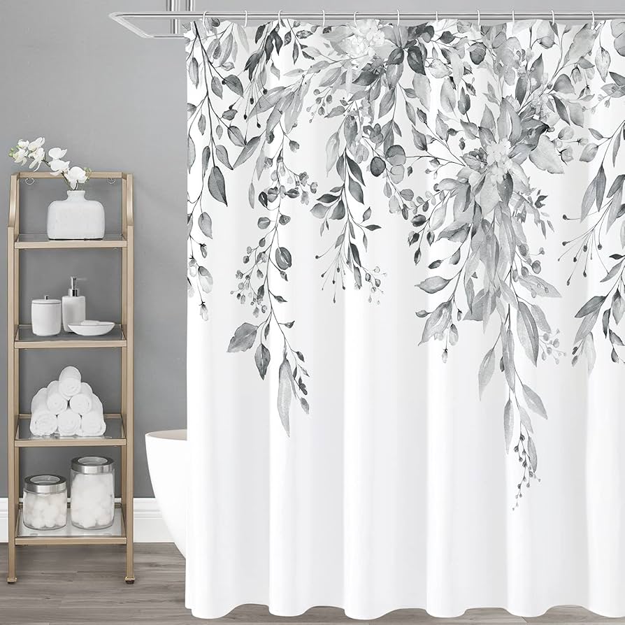 Gibelle Grey Eucalyptus Shower Curtain, Watercolor Plant, Gray White, 72x72