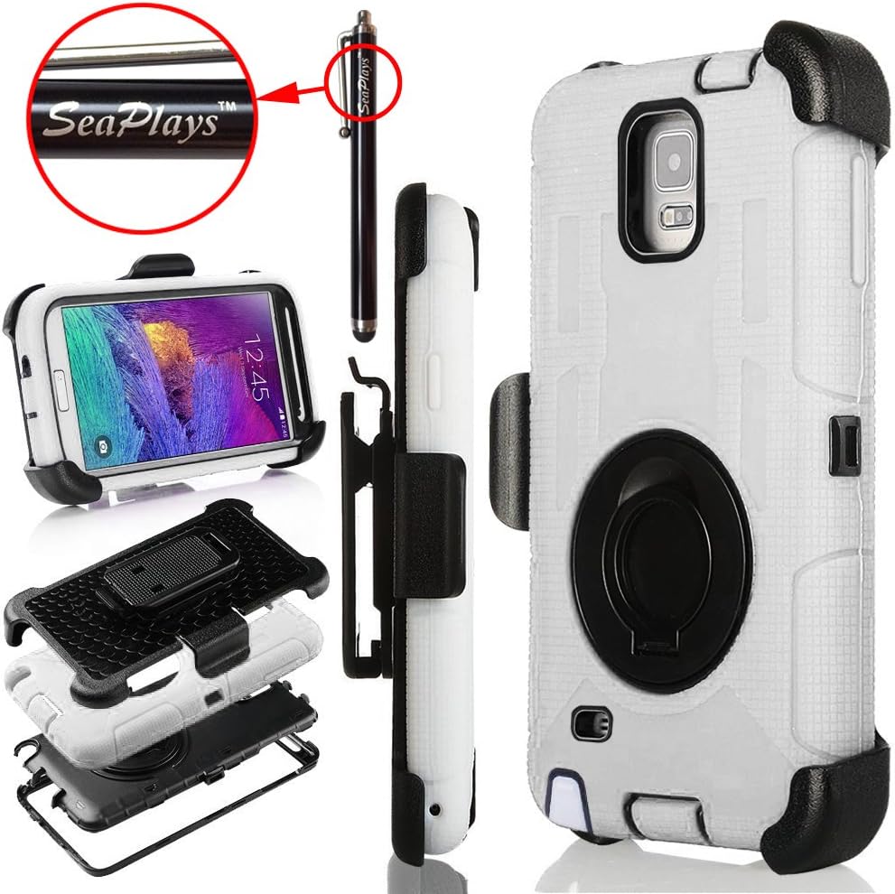 Note 4 Case, Galaxy Note 4 Case, Hinpia [Seaplays] Shockproof Hybrid Rugged Samsung Galaxy Note 4 Case Rubber Three Layer Holster Cover Case for Samsung Galaxy Note 4 with Built-in Rotating Stand and Belt Swivel Clip (White)