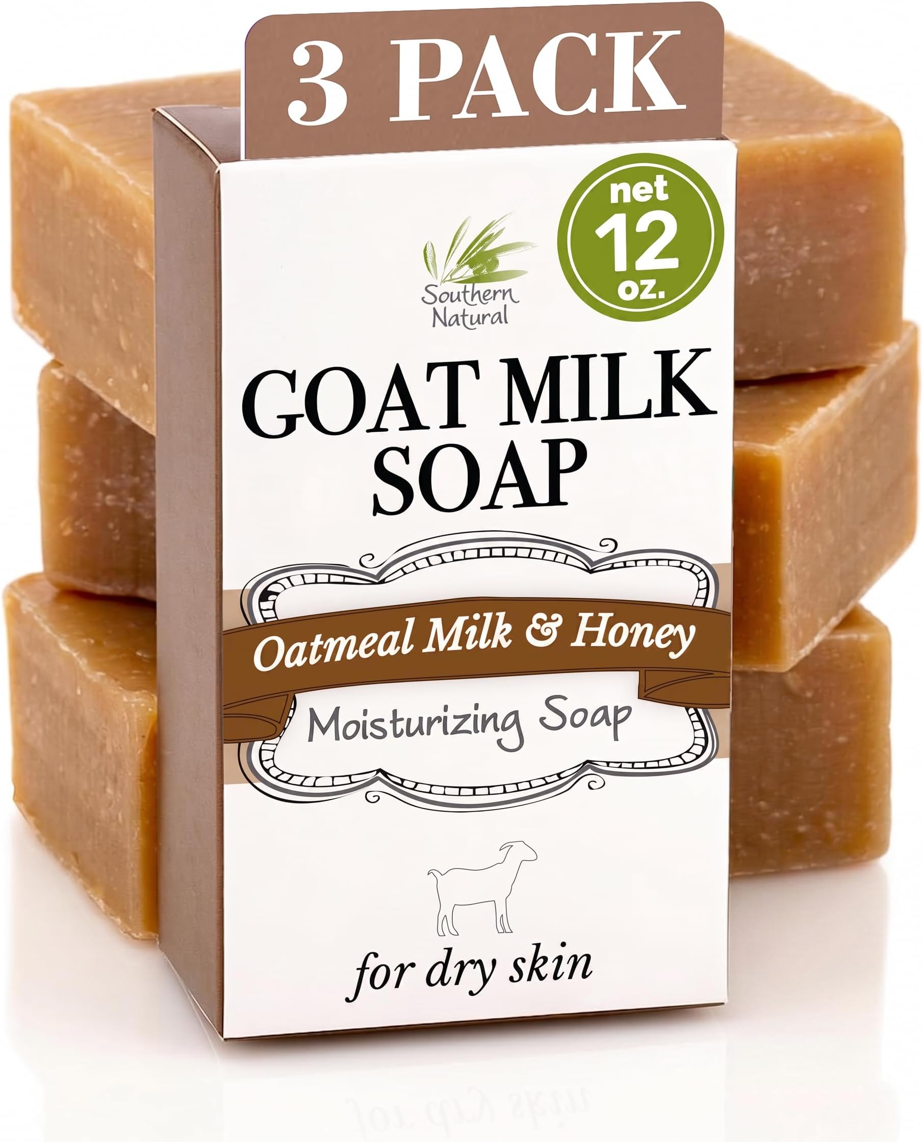 Southern Natural Goat Milk Soap Bar Oatmeal Milk & Honey, 3 Pack, Dry Skin | Natural Soap, Handmade, Men, Women, Face, Body, Sensitive Skin, Moisturizing, Gentle, Cold Process, Goat Soap, Paraben Free