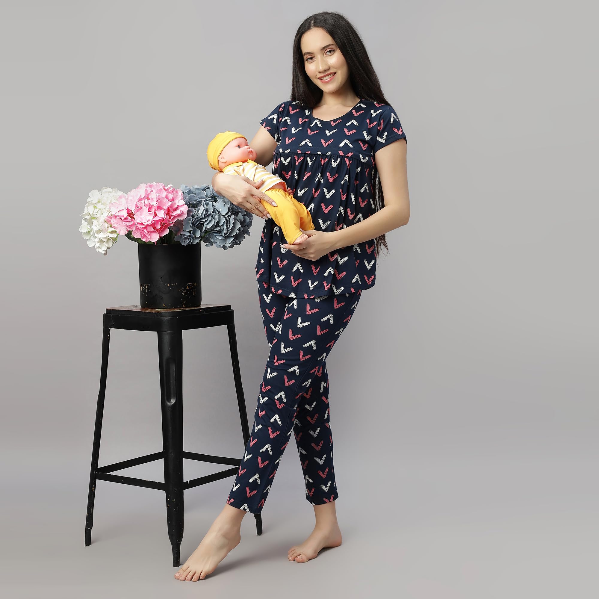 DZZO Cotton New Women's Printed Maternity Night Suit | Comfortable Feeding Night Dress | for Breathable Nursing Pajama Set | Color - Navy, Size - XL - Image 6 thumbnail