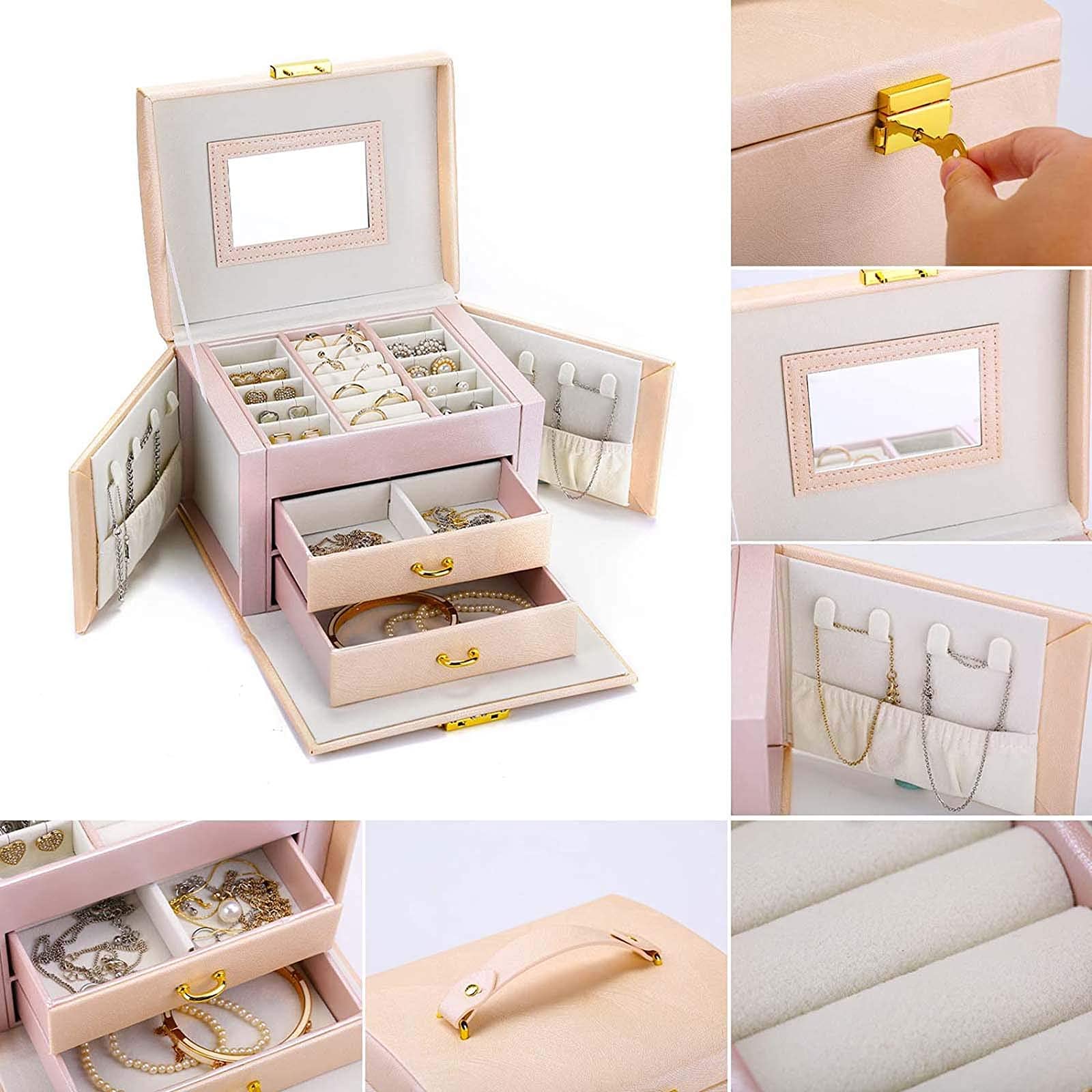 Joyero con Cerradura y 2 cajones con Espejo de Piel para Joyas con Gran Capacidad para Pulseras, Pendientes, Anillos y Collares