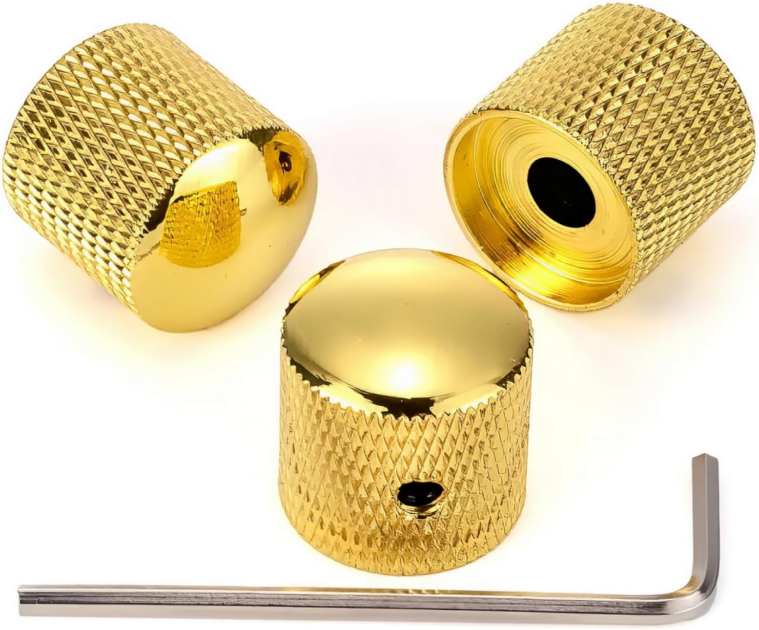 Swhmc 3PCS Metal Volume Tone Dome Guitar Speed Control Knurled Shaft Pots Knobs with Keys Screws Set for Electric Guitar or Bass (Gold)