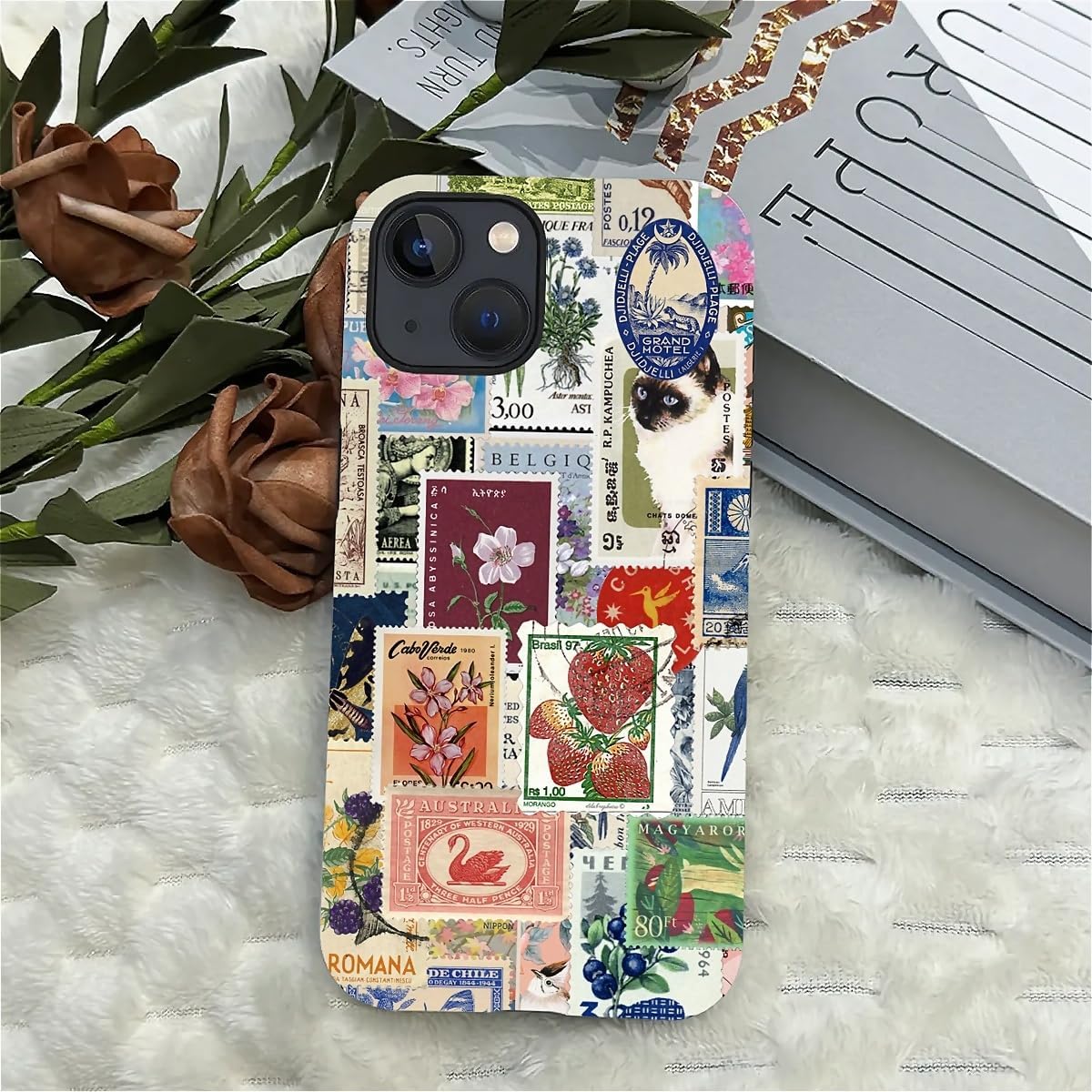 Case for iPhone 13 iPhone 14,Vintage Stamp Collage for Woman Men Full Body Protective Cover Shockproof 2 in 1 Silicone + Hard PC Design Case - Image 6
