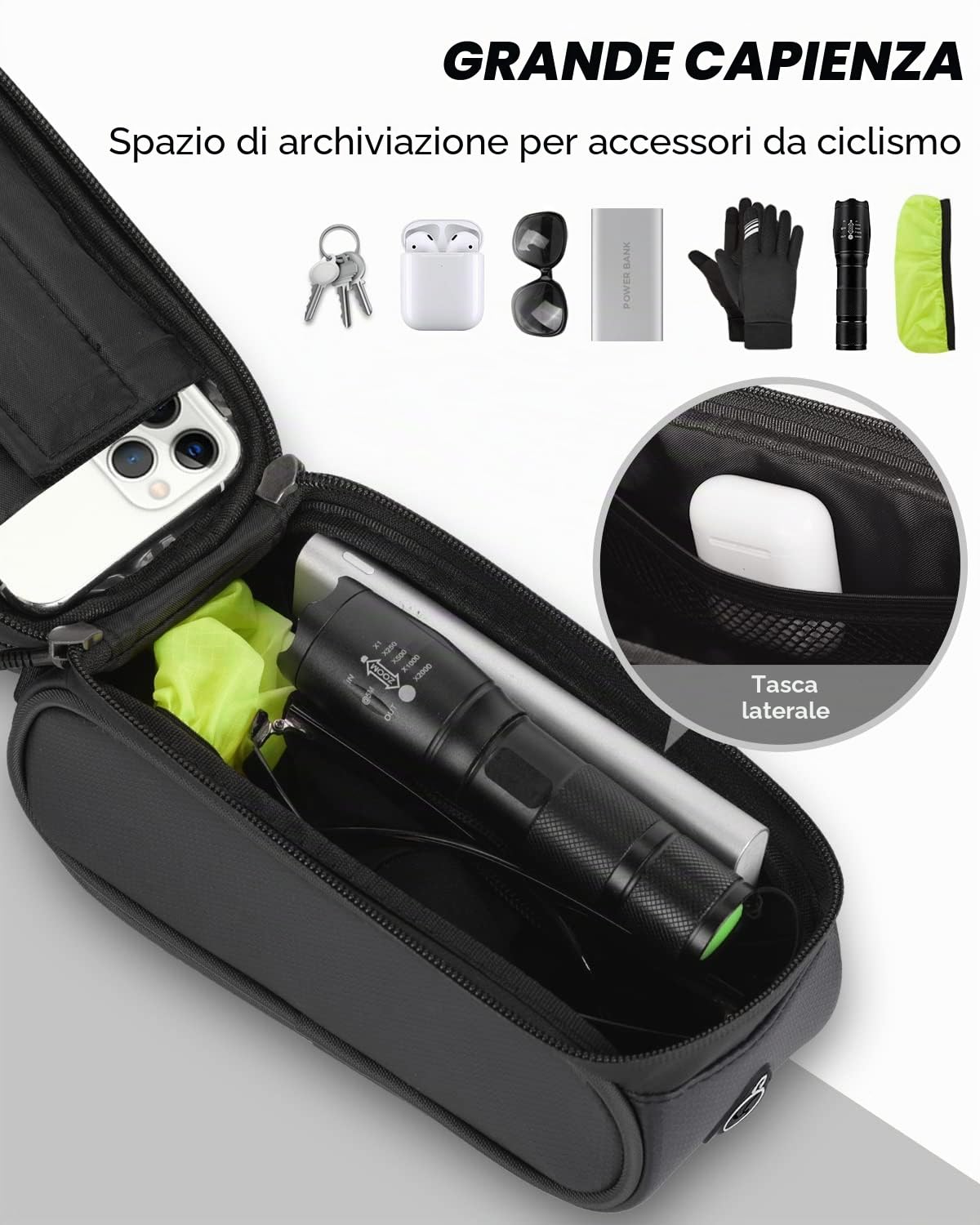 Borsa da bicicletta, telaio per bicicletta, supporto per cellulare, borsa per telaio, borsa per manubrio, supporto per cellulare, borsa superiore con foro per cuffie per smartphone sotto i 6,8" (nero)