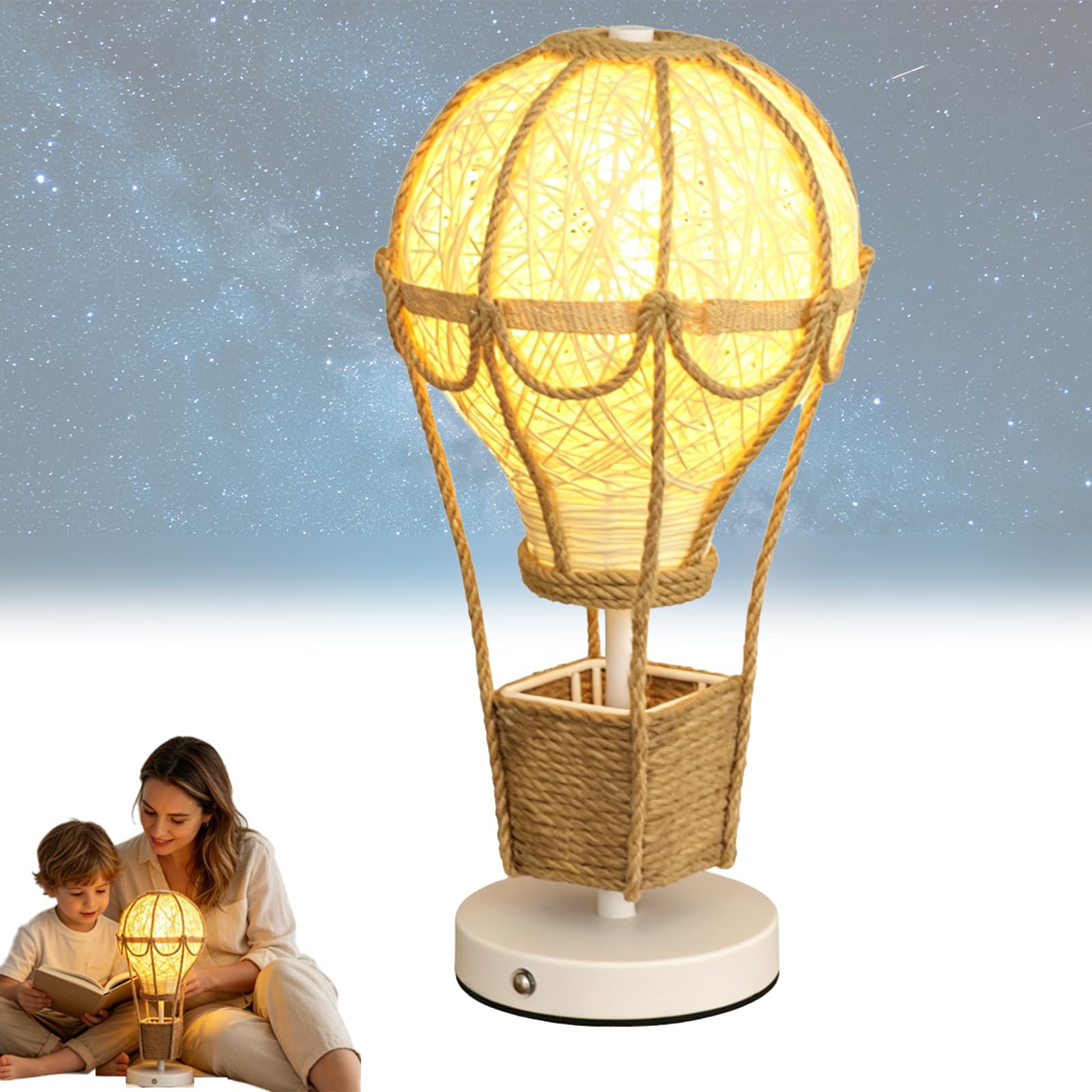 Lampka stołowa w kształcie balonu na gorące powietrze, dotykowa ściemniana lampka nocna z rattanu, lampka dekoracyjna z ciepłym światłem USB-C do pokoju dziecięcego i niemowlęcego, dbająca o oczy, do