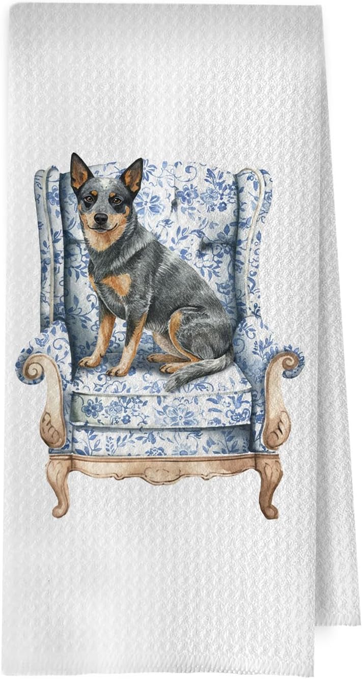 Australian Cattle Grandmillennial Towel - Australian Cattle Chinoiserie Decorative Waffle Dish Towels, Blue and White Hand Towels, Dog Tea Towel for Kitchen, 16x24 Inch