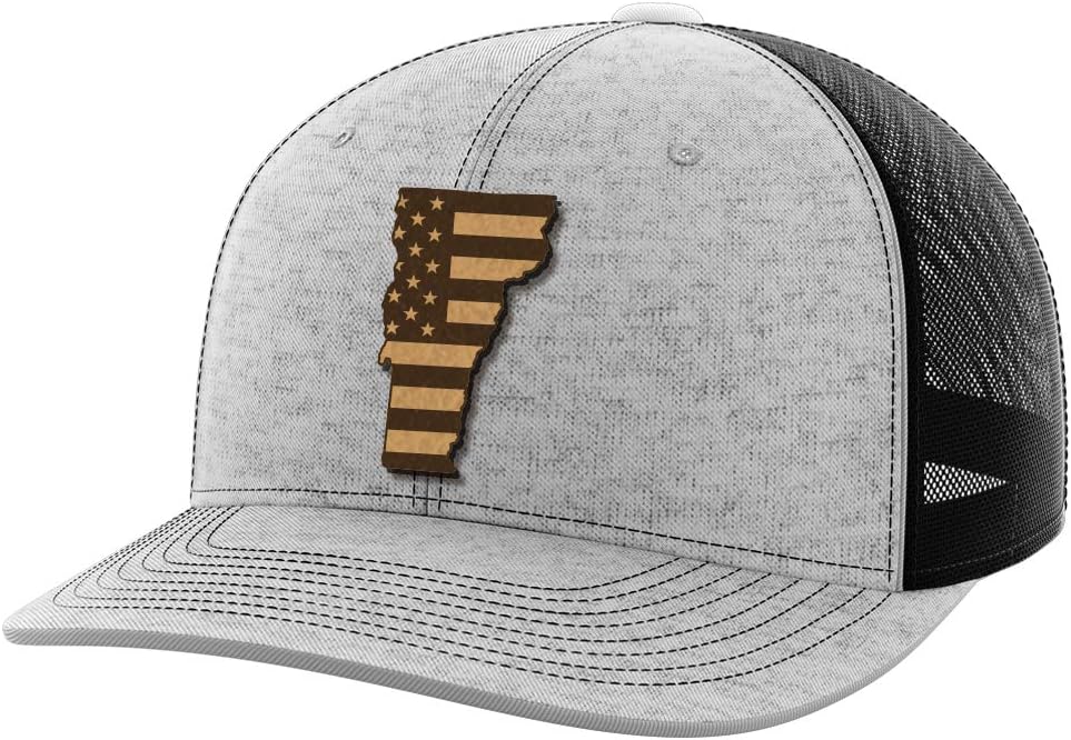 Greater Half Vermont Leather Patch Trucker Hat – USA Made Adjustable Snapback Mesh Cap – United – 6-Panel Mid Profile