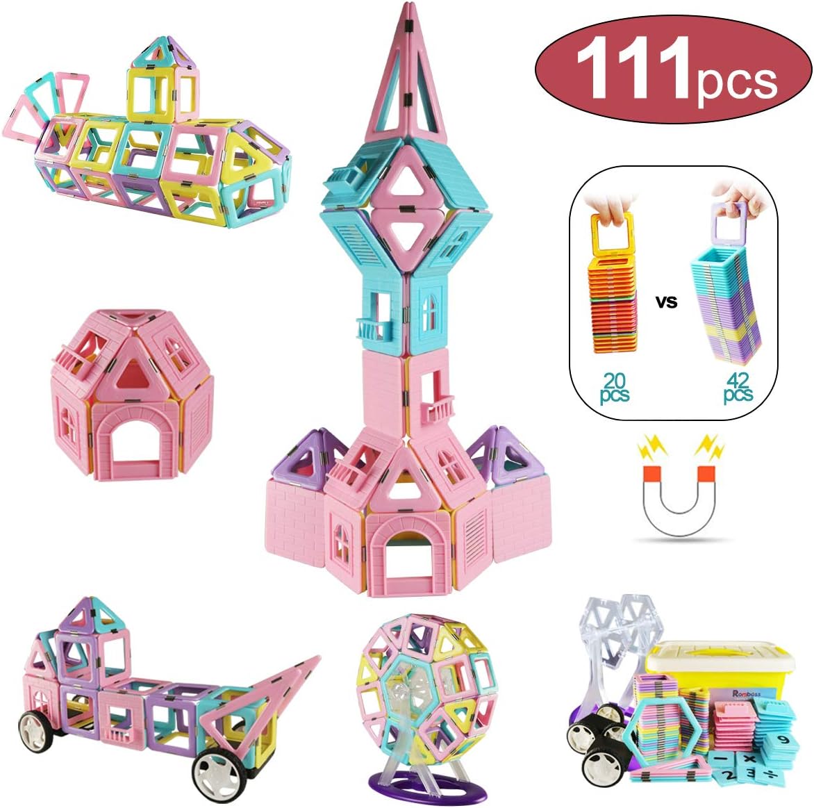 111Pcs Magnetic Blocks 3D Creative Magnet Building Tiles Preschool Construction Educational Blocks Toys Set for Age 3+ Boys Girls Children Kids Gifts