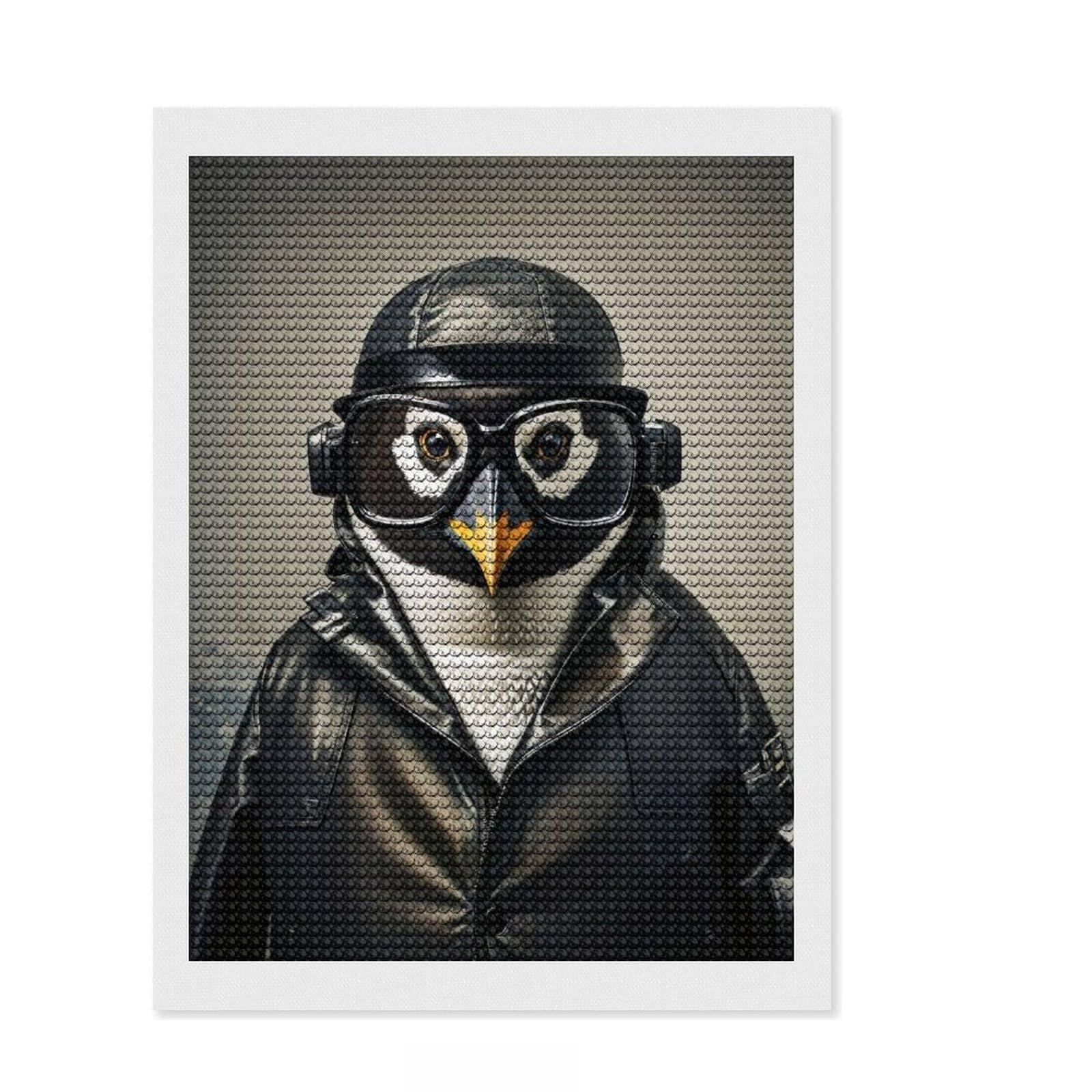 Junmoney Penguin Detective Diamond Painting Kit 12"x16", Complete Accessories, Sparkling Round Gems, Full Kit Included, Modern Decor
