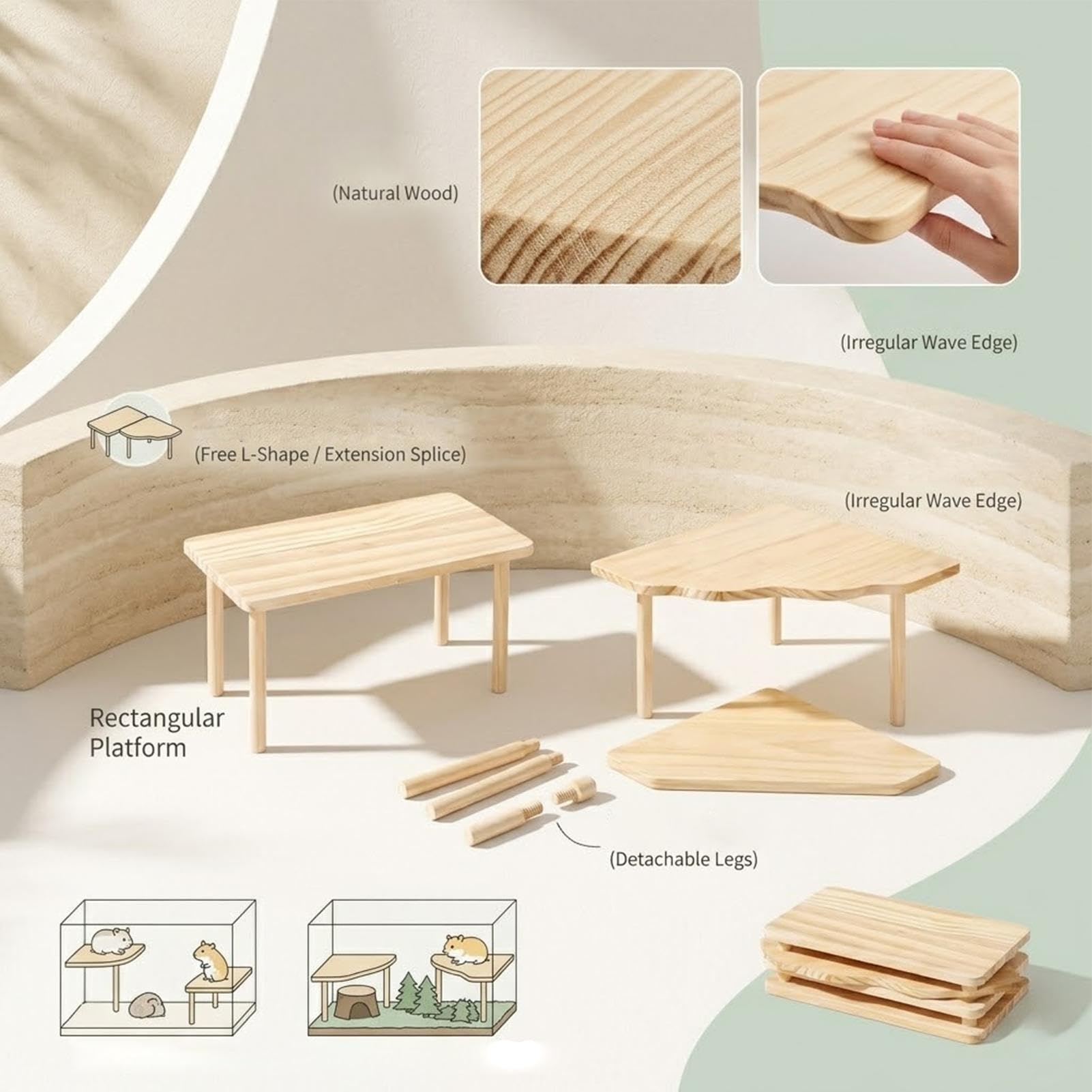 Plattform aus Holz für Hamster – 4 Spielbretter aus Naturholz für Kleintiere | Klettertreppe, Rampe und Ruhenest zur Bereicherung des Käfigs | Zubehör für Hamsterkäfig