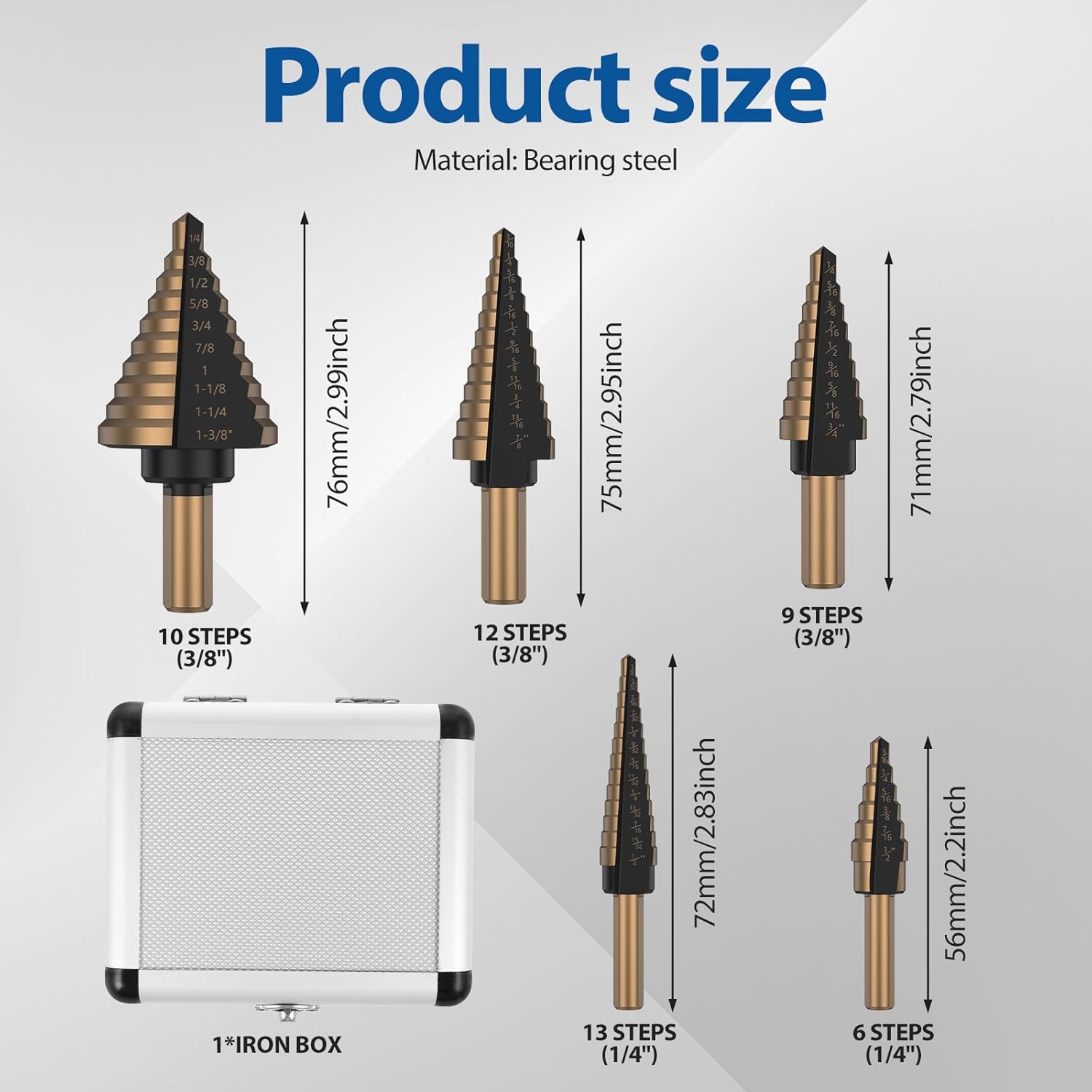 5Pcs Step Drill Bits Set Bearing Steel Titanium Hole Cutting Step Drill with Aluminum Case Woodworking Carpentry Tool Total 50 Sizes for Thin Plastic