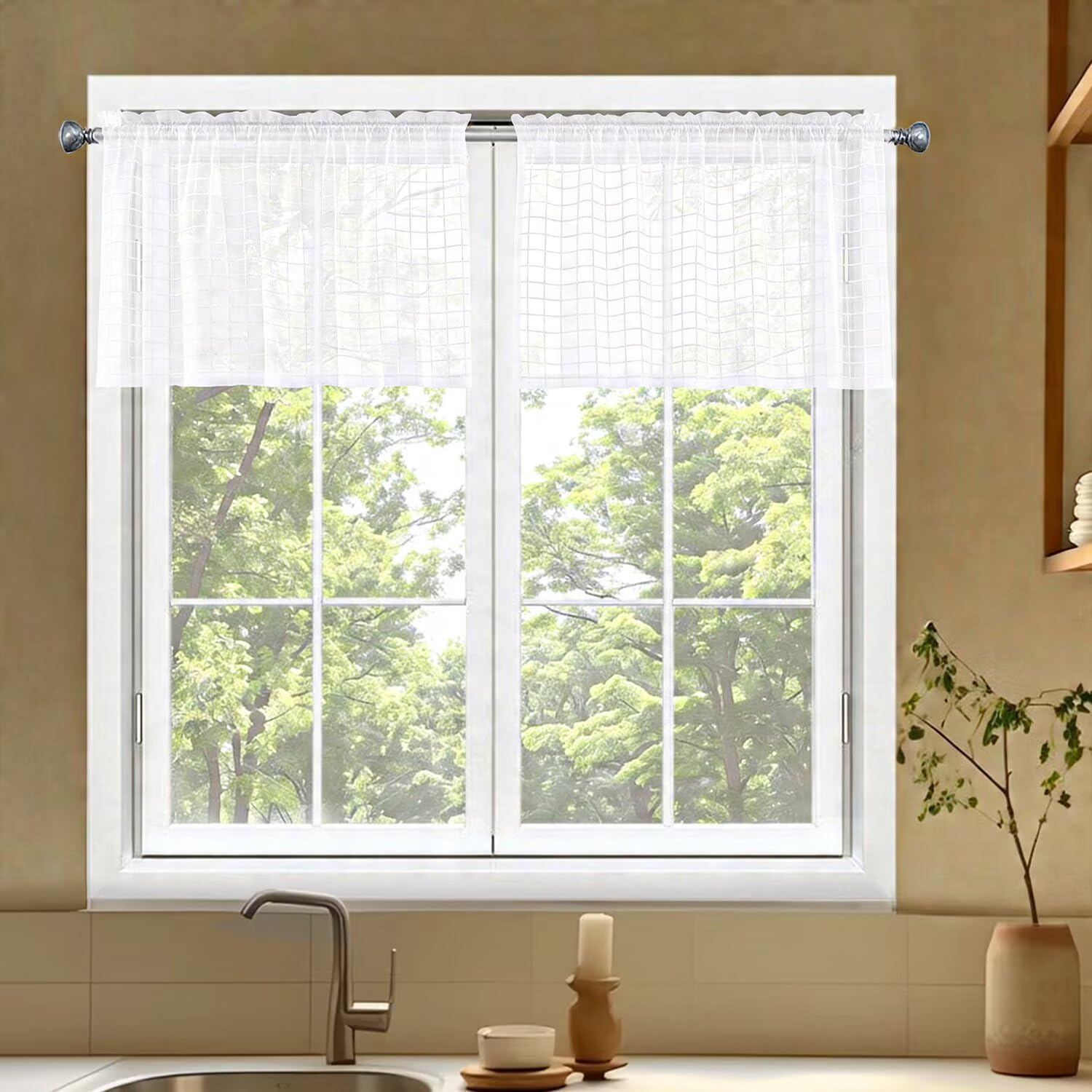 SpaceDresser Check Sheer Curtains 18 Inches Long for Living Room, Rod Pocket Plaid Semi Sheer Drapes for Kitchen Bedroom(White, 52W x 18L) — image 1