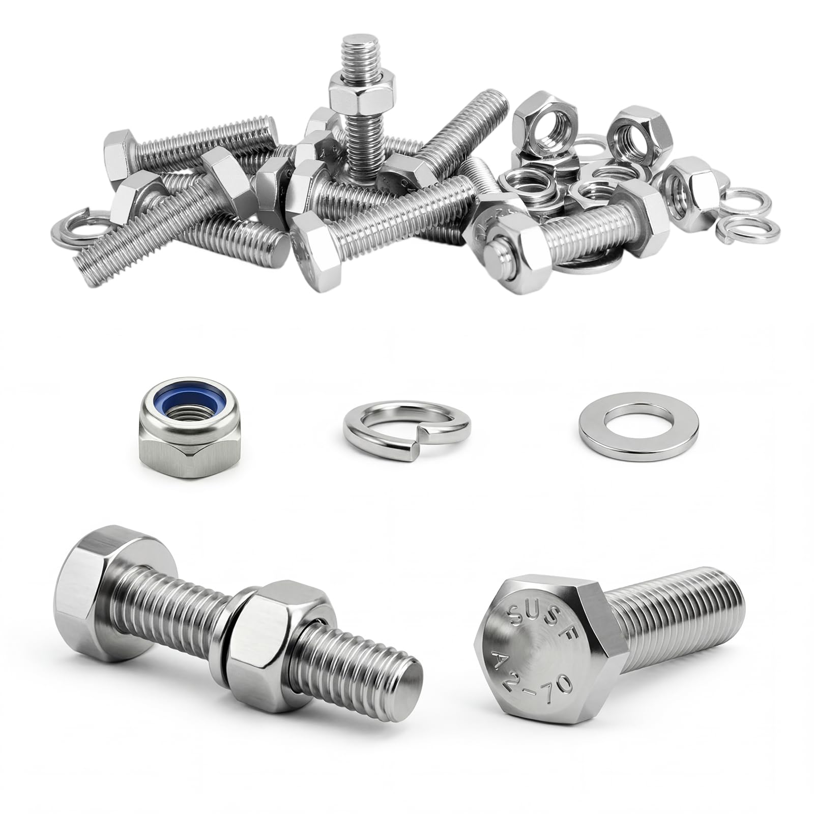 6 Pcs M10Hex Head Bolts and Nuts Set M10x80mm 304Stainless Nuts and Bolts