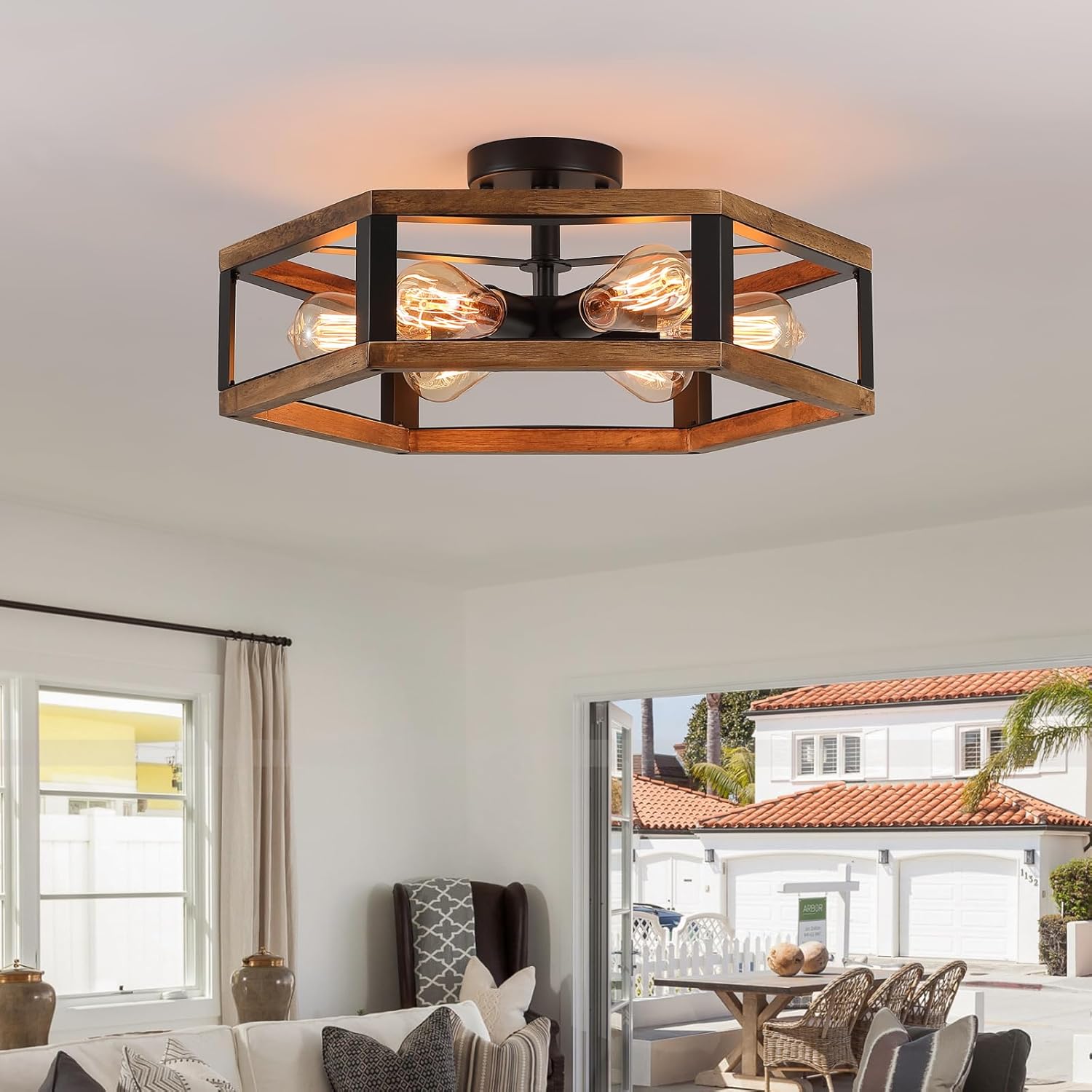 6-Light Large Rustic Farmhouse Wood Flush Mount Ceiling Light Fixture 20 inch Oak Wood and Metal Cage Semi Flush Mount Ceiling Light for Entry Hallway Dining Bedroom Living Room Farmhouse, Black