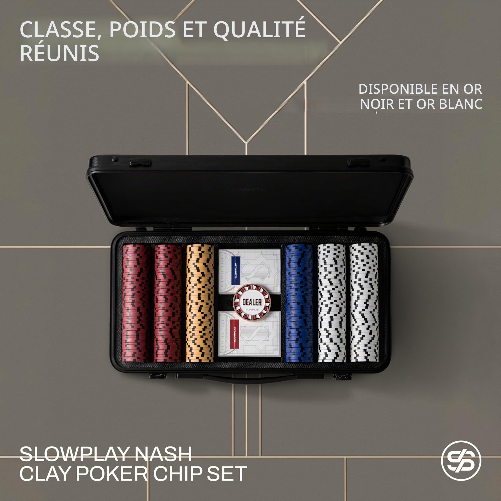 SLOWPLAY Set de jetons de Poker en Argile Nash 14 g, édition Black Gold - Full Set de 500 pièces | Jetons numérotés : 1,5,25,100,500,1000 | Mallette Haut de Gamme avec Coque en Polycarbonate Durable