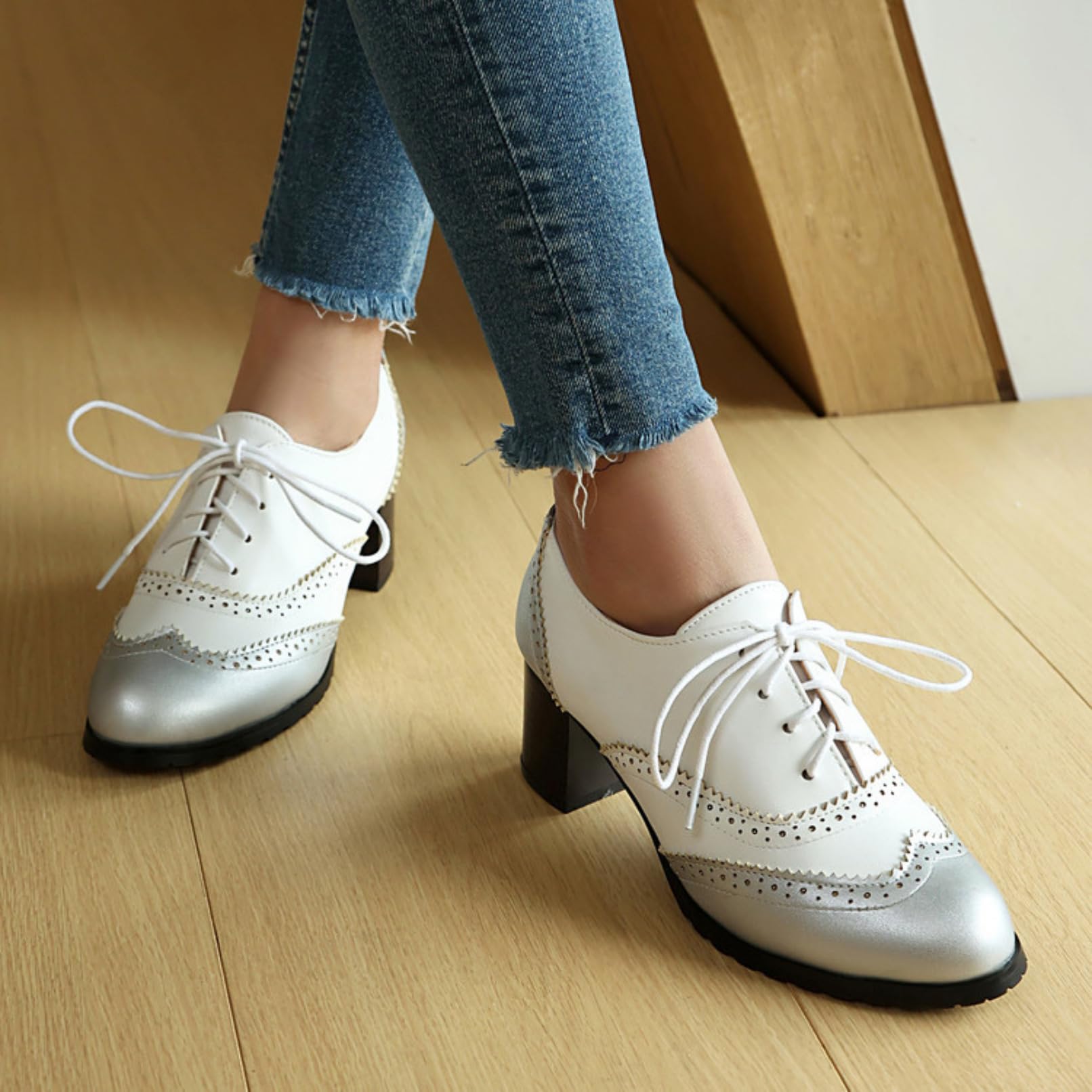 Donna Chiusa Punta Tonda Scarpe Oxford Allacciare Vintage Brogue Décolleté Tacco Grosso Formali Scarpe da Vestito