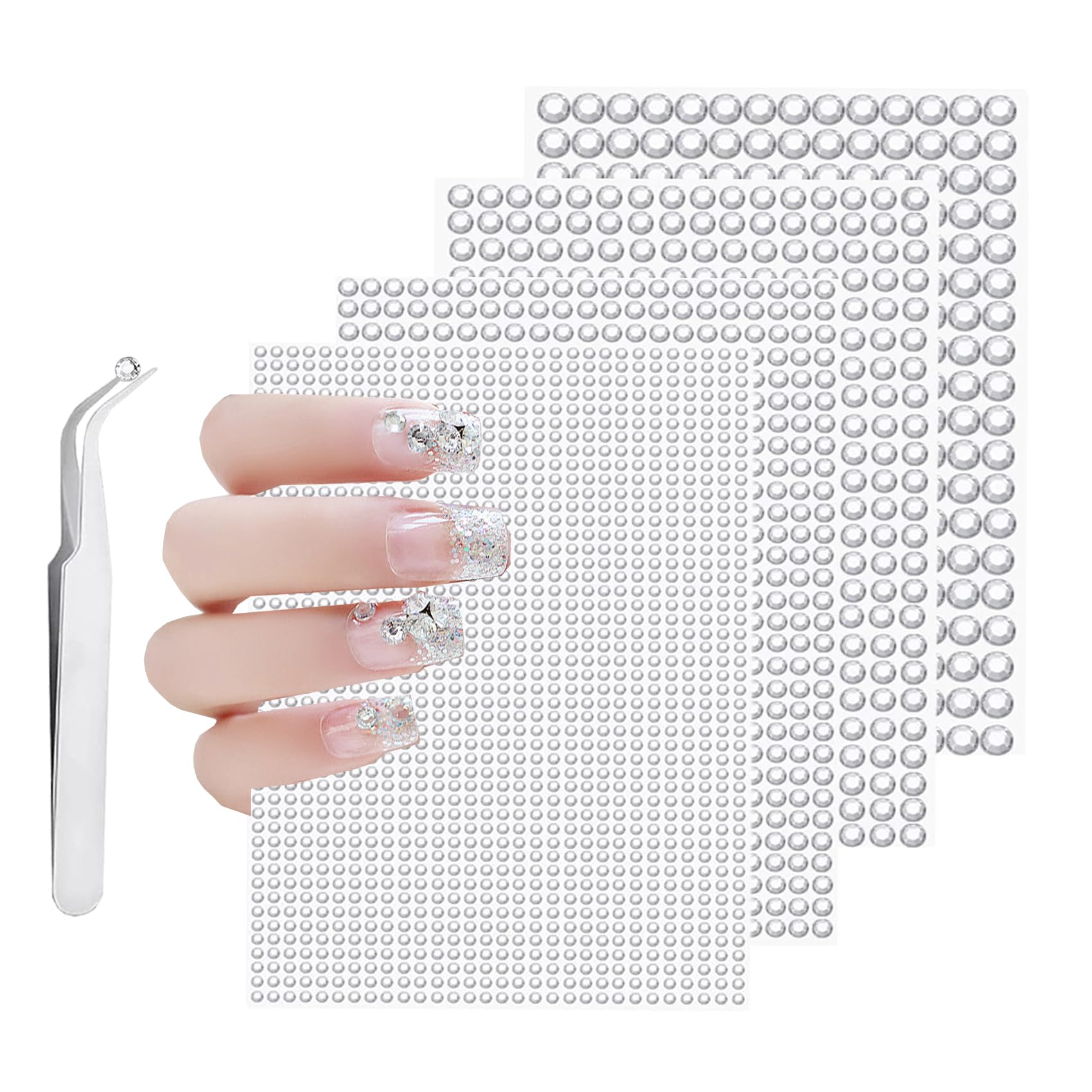 SHUBEIEUMISHUBEIEUMI 1792Pcs Self Adhesive Bling Clear Rhinestone Stickers, 4 Sheets Acrylic Sticky Gems with Pick Up Tweezer, for DIY Nail Craft Jewel Clothes Makeup Festival Carnival Decro (3mm/4mm/5mm/6mm)