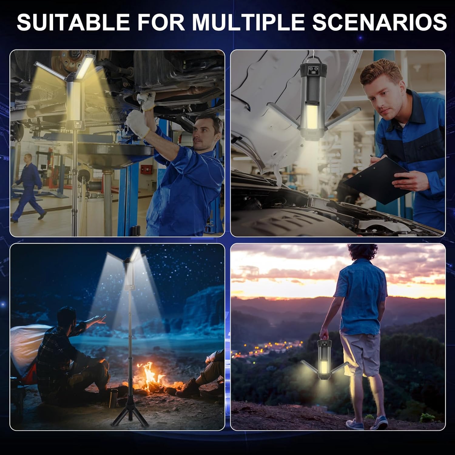 Rechargeable LED Work Light with Stand, 2000LM 3000/6000K Dimmable Cordless Work Light with 5 Lighting Modes and 3 Brightness, Portable Solar Job Site Lighting Kit