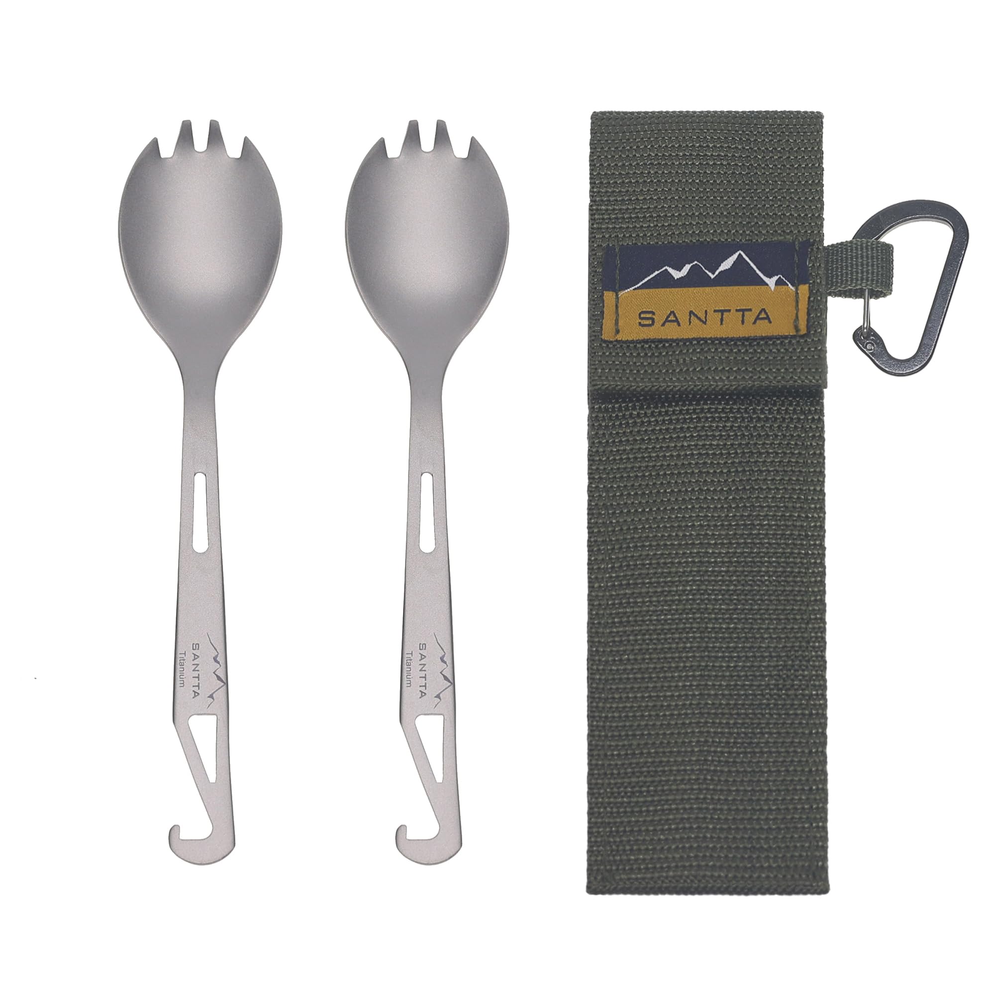 SANTTA Utensilios de camping de titanio, tenedor ultraligero de titanio (cuchara y tenedor) con abrebotellas, cubiertos para acampar al aire libre, senderismo y viajes, juego de 2 piezas