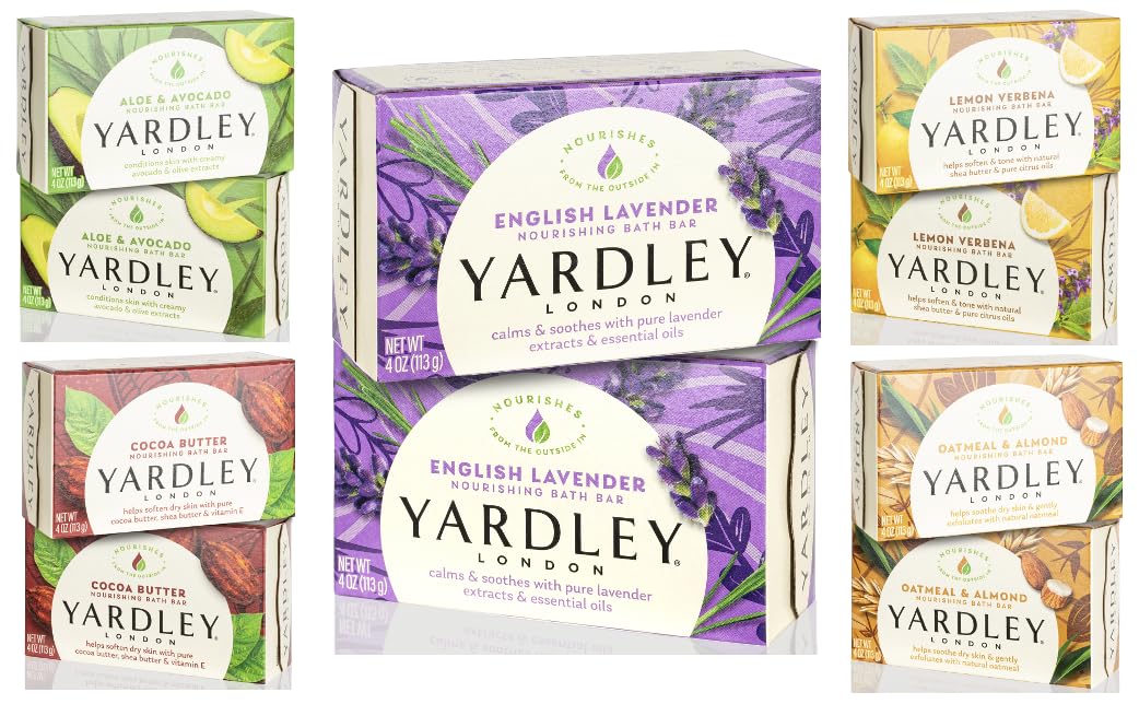 Yardley London Soap Bath Bar Bundle - 10 Bars: English Lavender, Oatmeal and Almond, Aloe and Avocado, Cocoa Butter, Lemon Verbena 4 Ounce Bars (Pack of 10, Two of each)