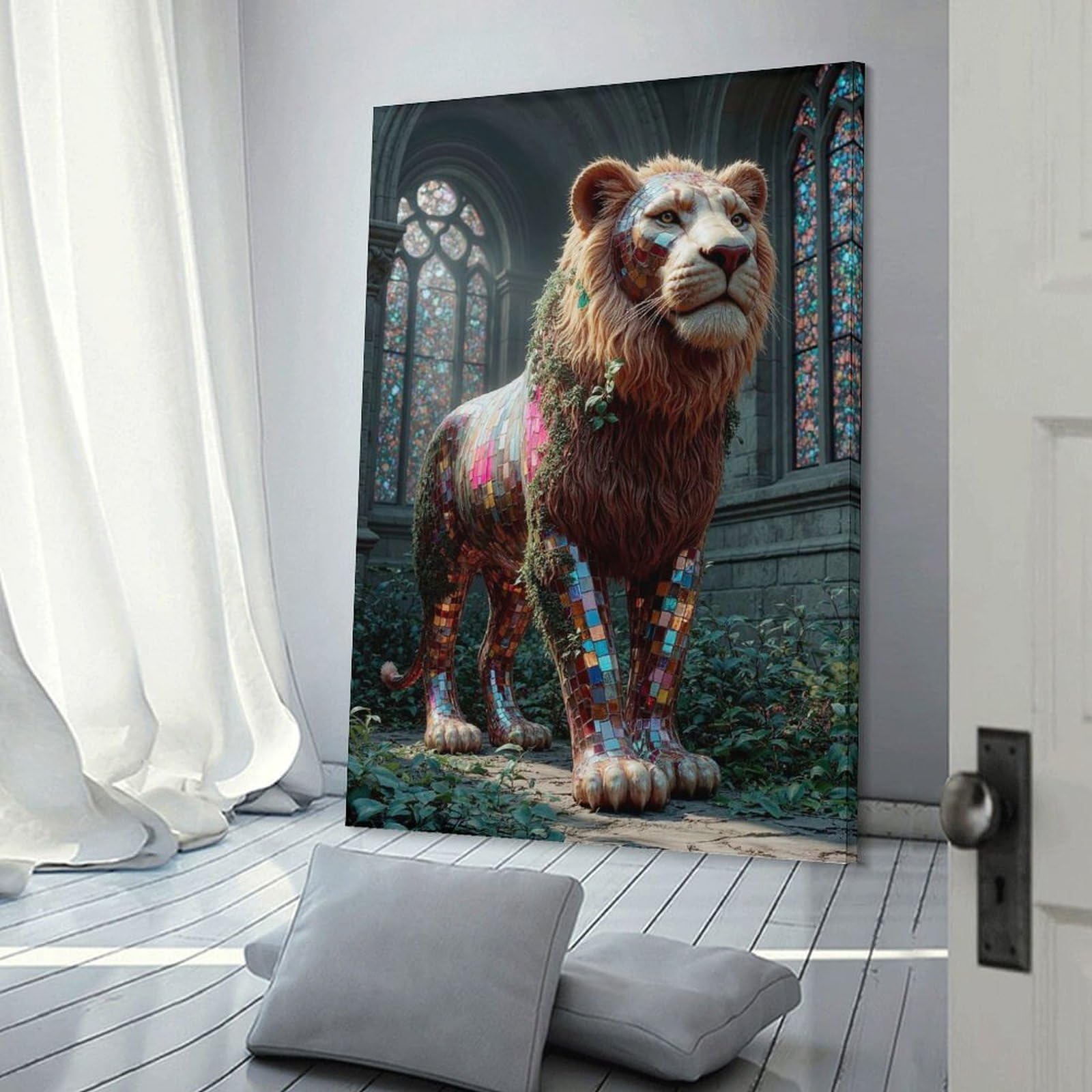Junmoney Decorative Canvas Print Mosaic Lion Statue in Garden Setting, 24x36inch(60x90cm), for New Homes, Bedrooms Or Workspaces, Thoughtful Wall Decor for Art Lovers