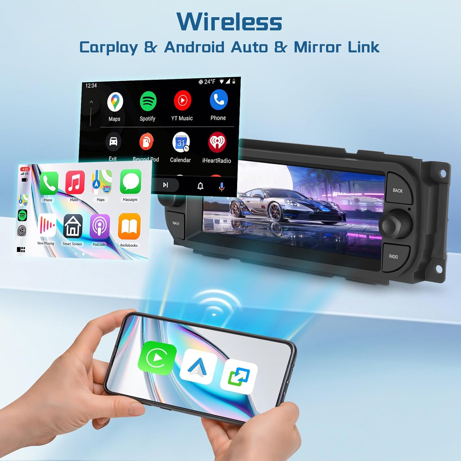 [4G+64G] Android Stereo for Dodge RAM 2002-2006, for Jeep Wrangler 2003-2006, Jeep Grand Cherokee 1999-2004, Wireless Carplay&Android Auto, GPS WiFi Bluetooth 6.8 inch IPS Touchscreen