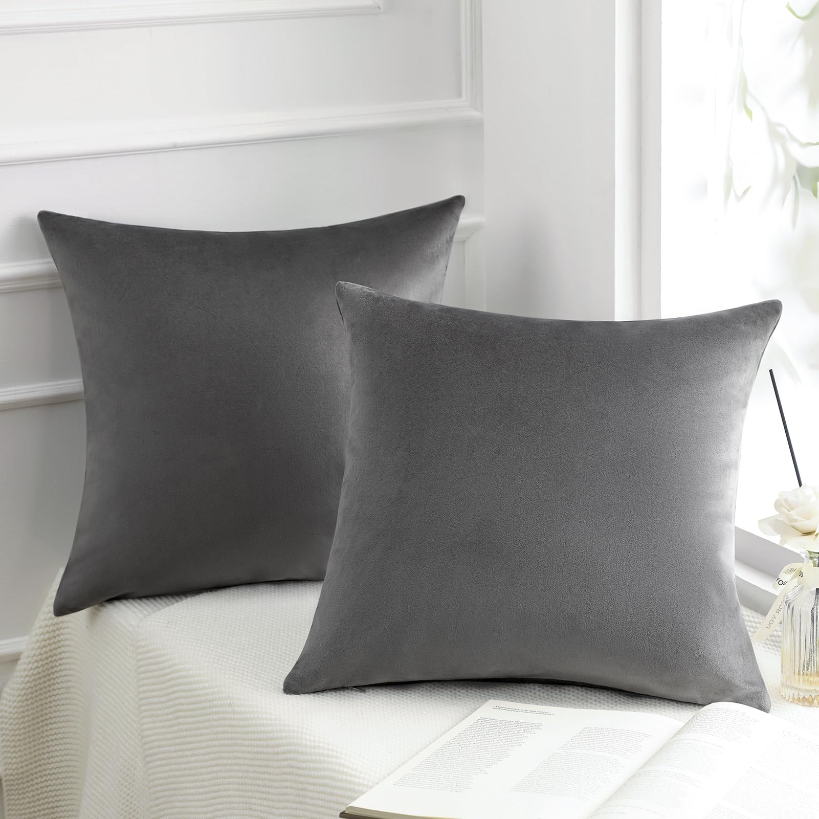 Phantoscope Pack of 2 Velvet Decorative Throw Decorative Pillow Cover Soft Solid Square Cushion Case for Couch Dark Grey 24 x 24 inches 60 x 60 cm