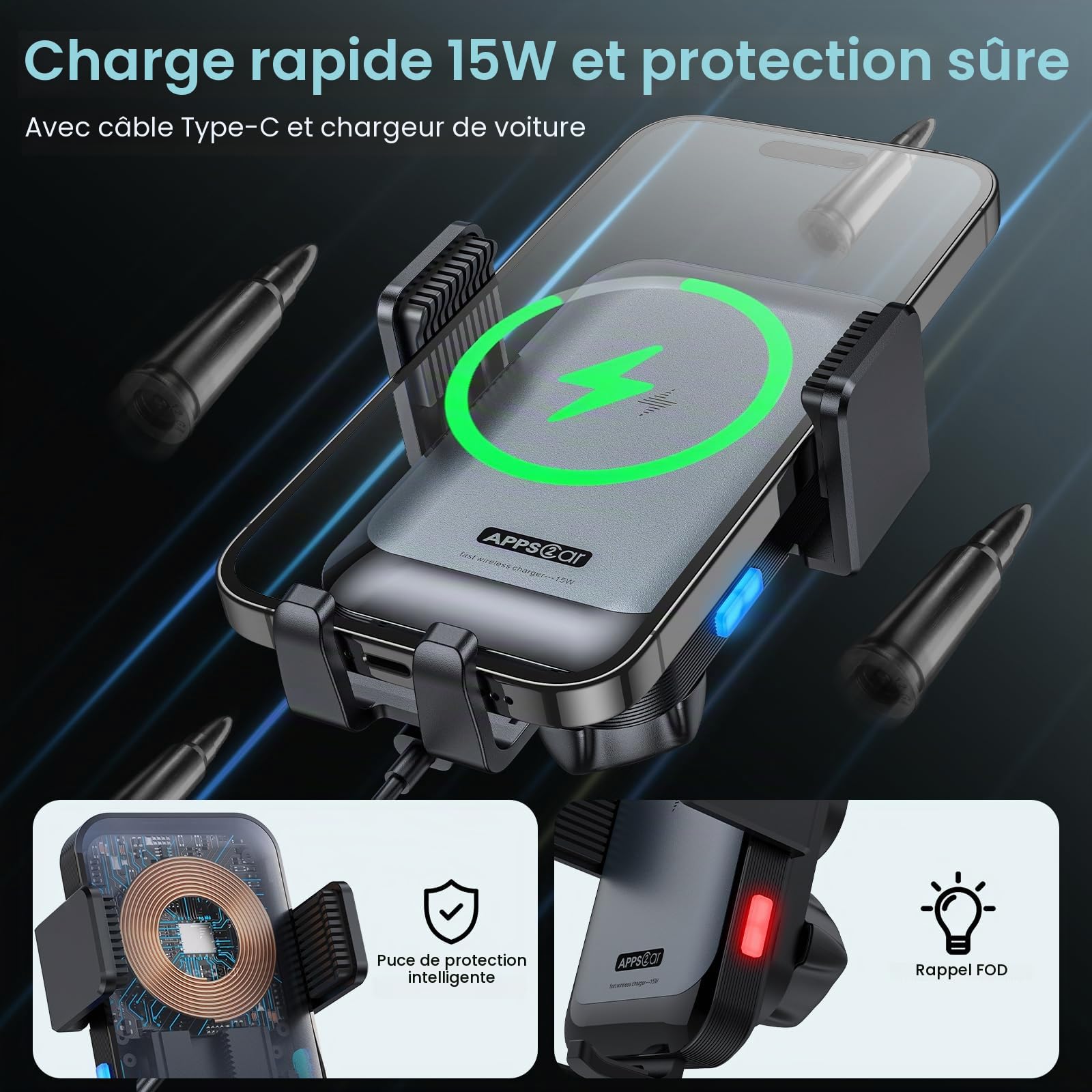 APPS2Car Support Téléphone Voiture avec Chargeur sans Fil 15W – Fixation Fente CD, Fermeture Automatique, Rotation 360°, Charge Rapide Compatible iPhone 16/15/14/13/12 Pro Max, Samsung Galaxy