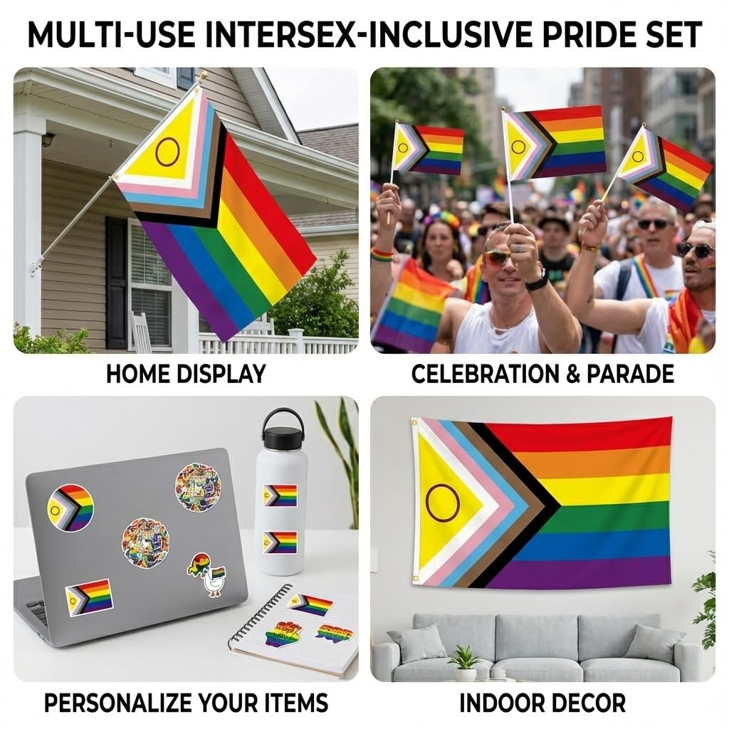 Set di Adesivi e Bandiera Rainbow per Orgoglio LGBTQ, 1 Bandiera Grande, 6 Piccole Bandierine e 55 Adesivi, Decorazioni per Feste e Celebrazioni