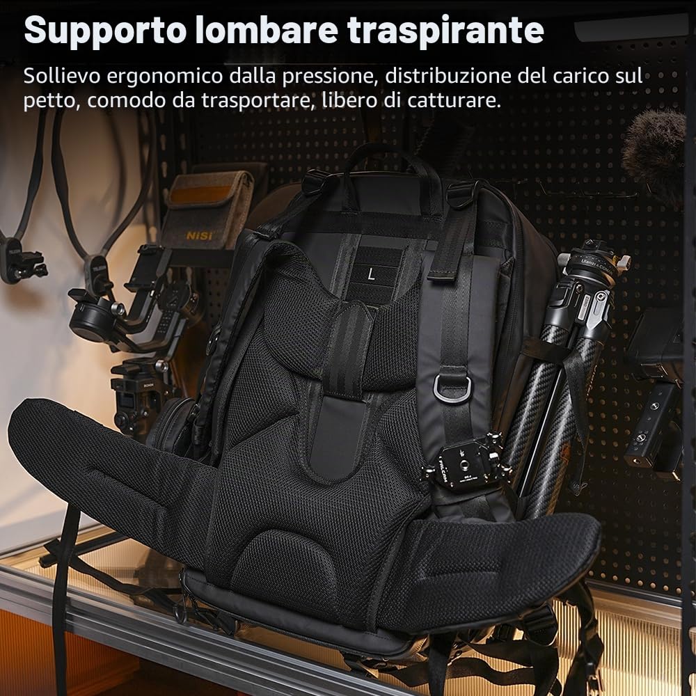 AMBITFUL Grande zaino per fotocamera DSLR/SLR, mirrorless, ergonomico, sospeso, professionale, zaino per fotografia all'aperto, impermeabile, con supporto per treppiede e scomparto per laptop, nero