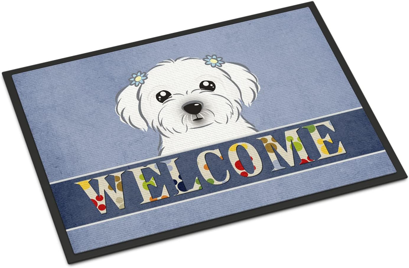 Caroline's Treasures BB1394JMAT Maltese Welcome Doormat 24x36, Blue Front Door Mat Indoor Outdoor Rugs for Entryway, Non Slip Washable Low Pile, 24H X 36W