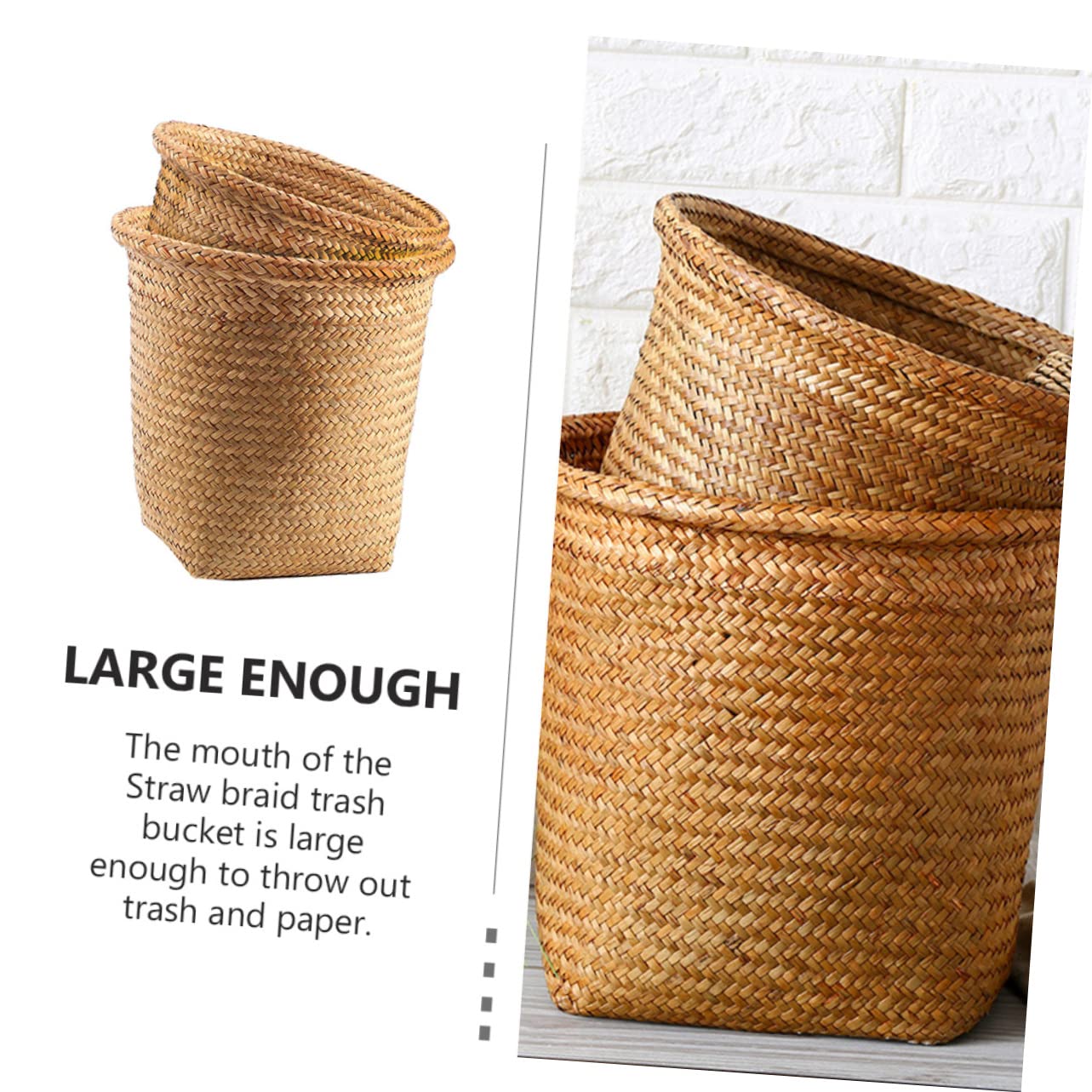 Cestino Intrecciato Rotondo 2 Pezzi in Paglia, Wastebasket